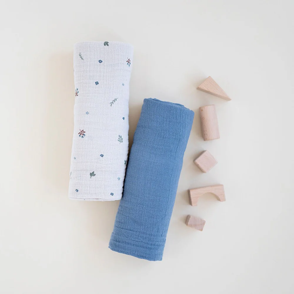 2 Pack Cotton Muslin Swaddle Blanket - Blue Garden Flower - Image 6