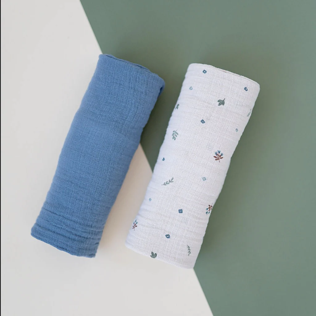 2 Pack Cotton Muslin Swaddle Blanket - Blue Garden Flower - Image 7