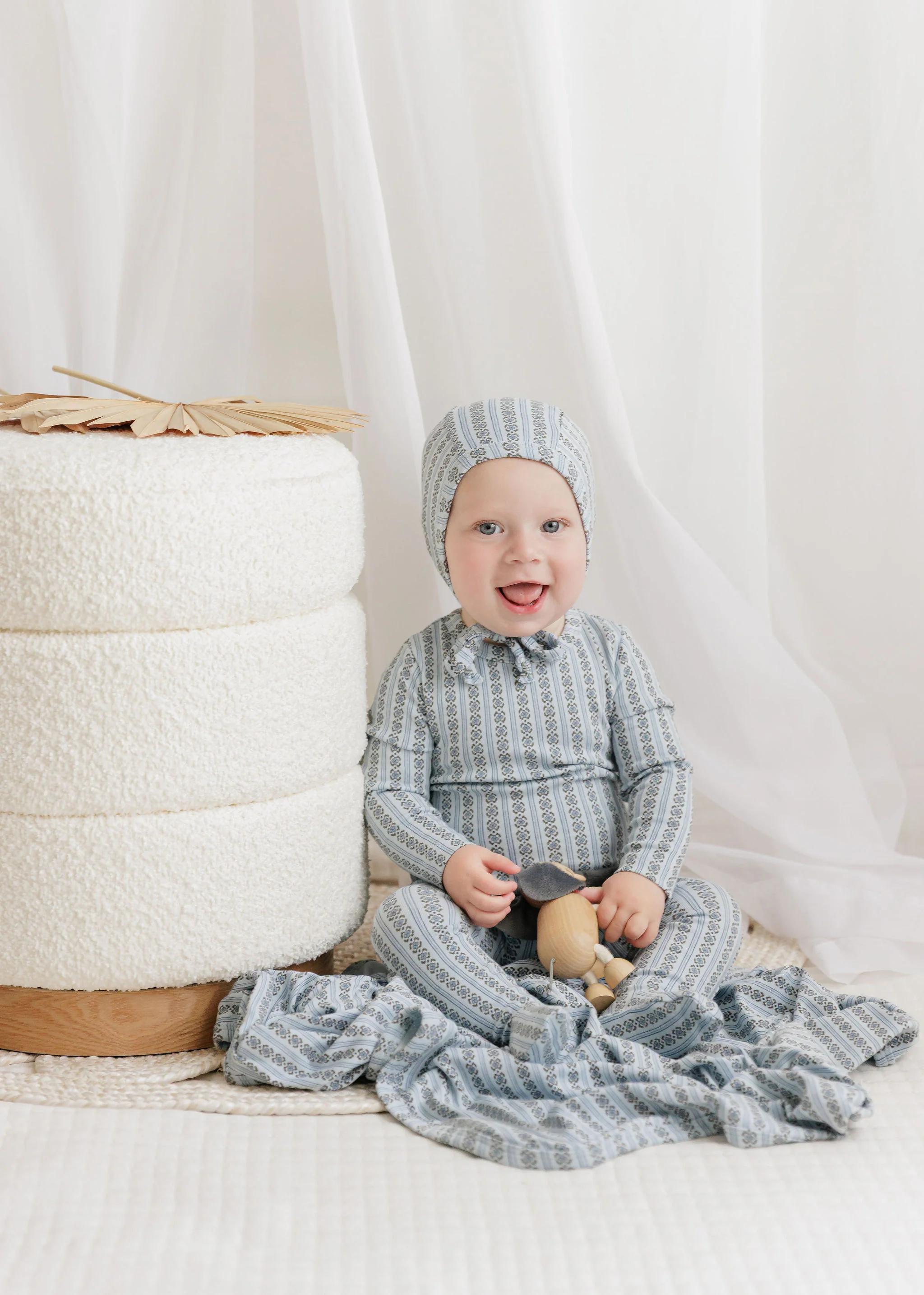 Baby Boy Footie and Bonnet – Blue – Linear Leaf - Image 2