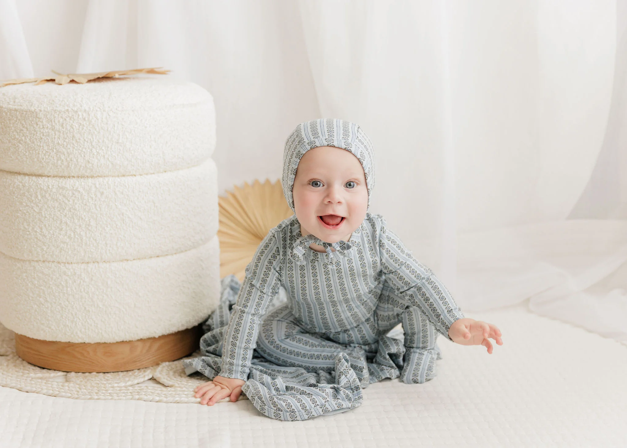 Baby Boy Footie and Bonnet – Blue – Linear Leaf - Image 3