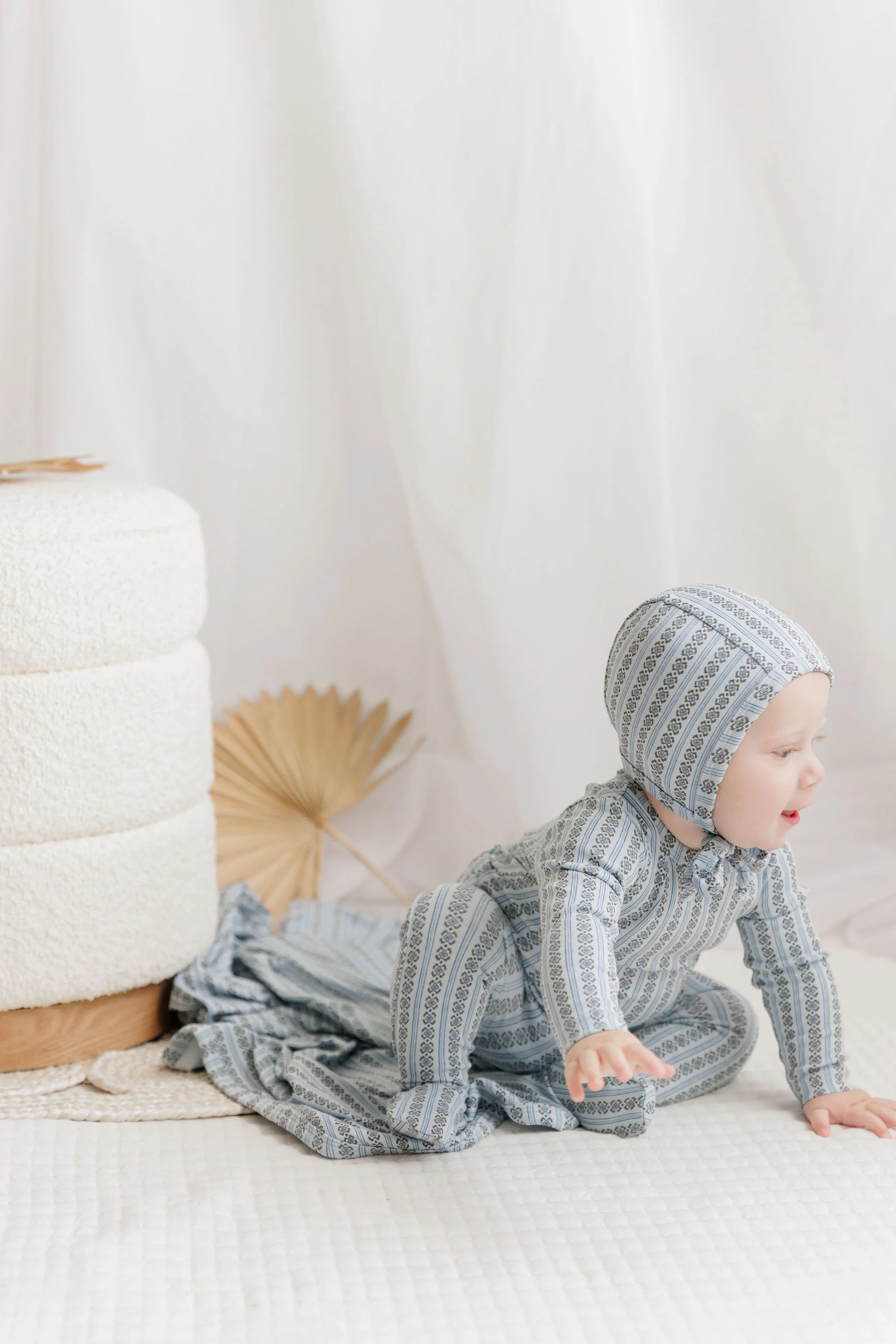 Baby Boy Footie and Bonnet – Blue – Linear Leaf - Image 4