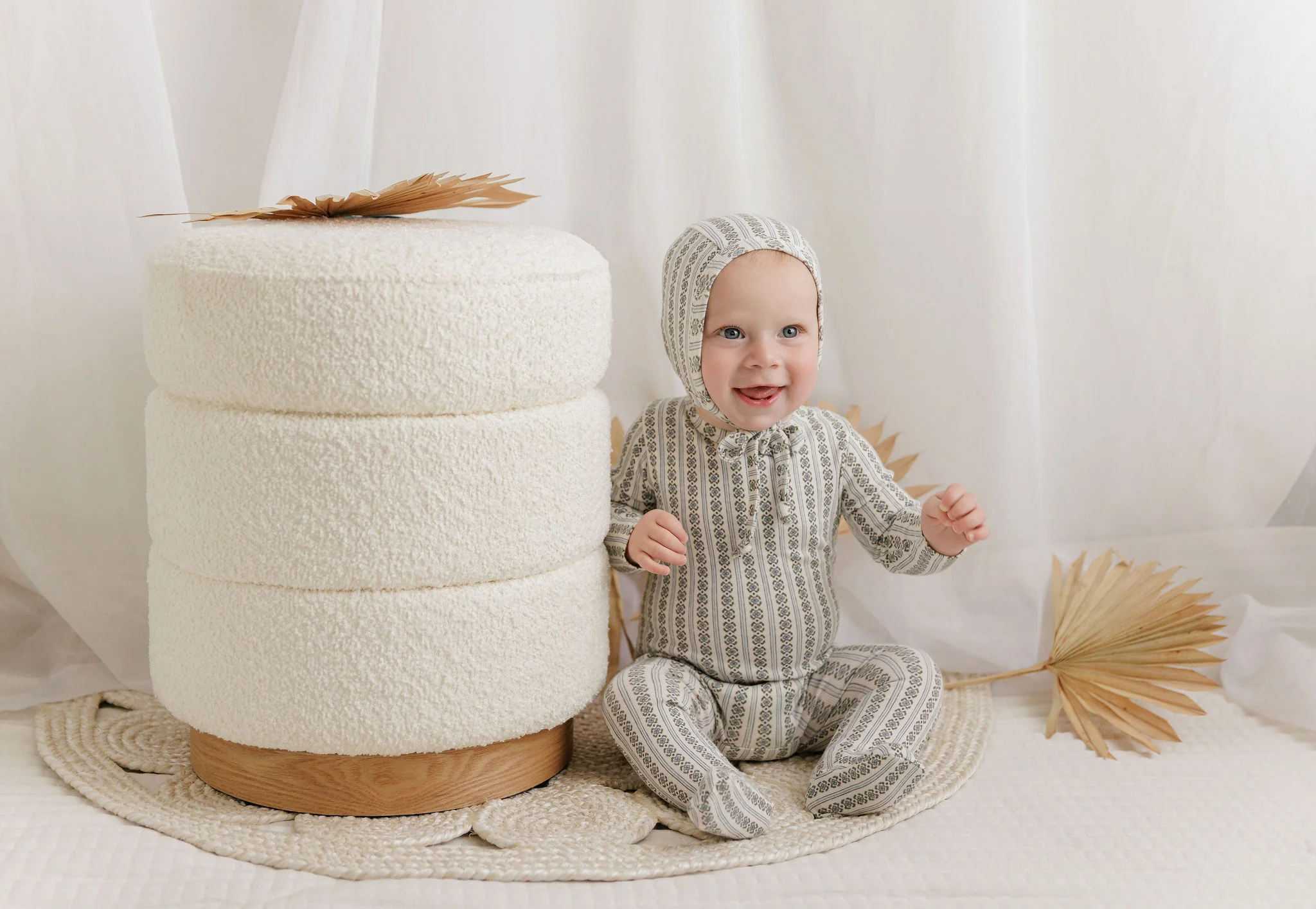Baby Boy Footie and Bonnet – Ivory Blue – Linear Leaf - Image 3