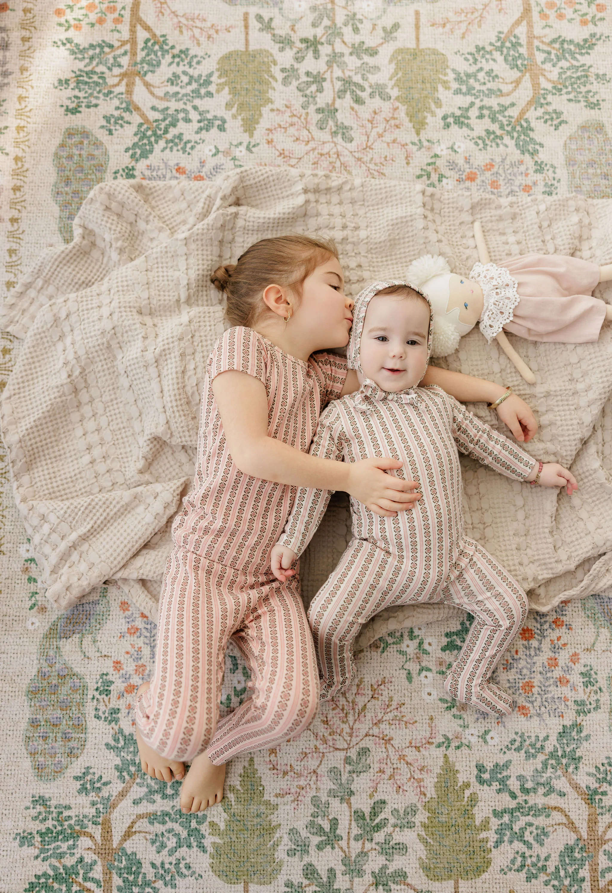 Baby Girl Footie and Bonnet – Ivory Pink – Linear Leaf - Image 3