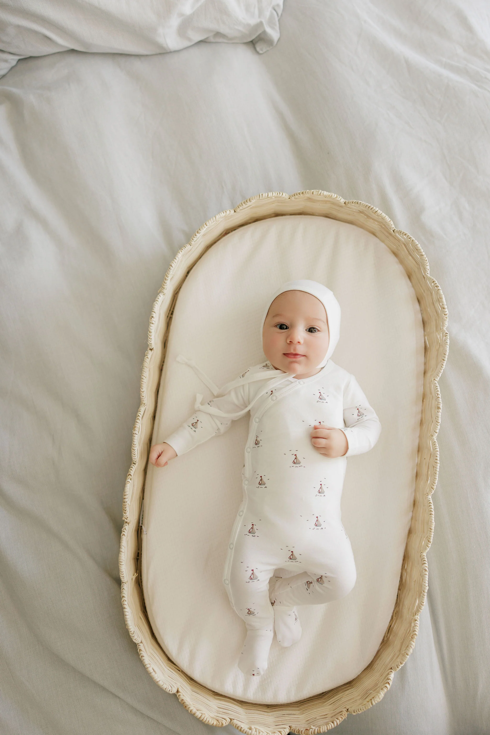 Baby Boy Footie and Bonnet – Ivory Blue – Nautical Print - Image 2