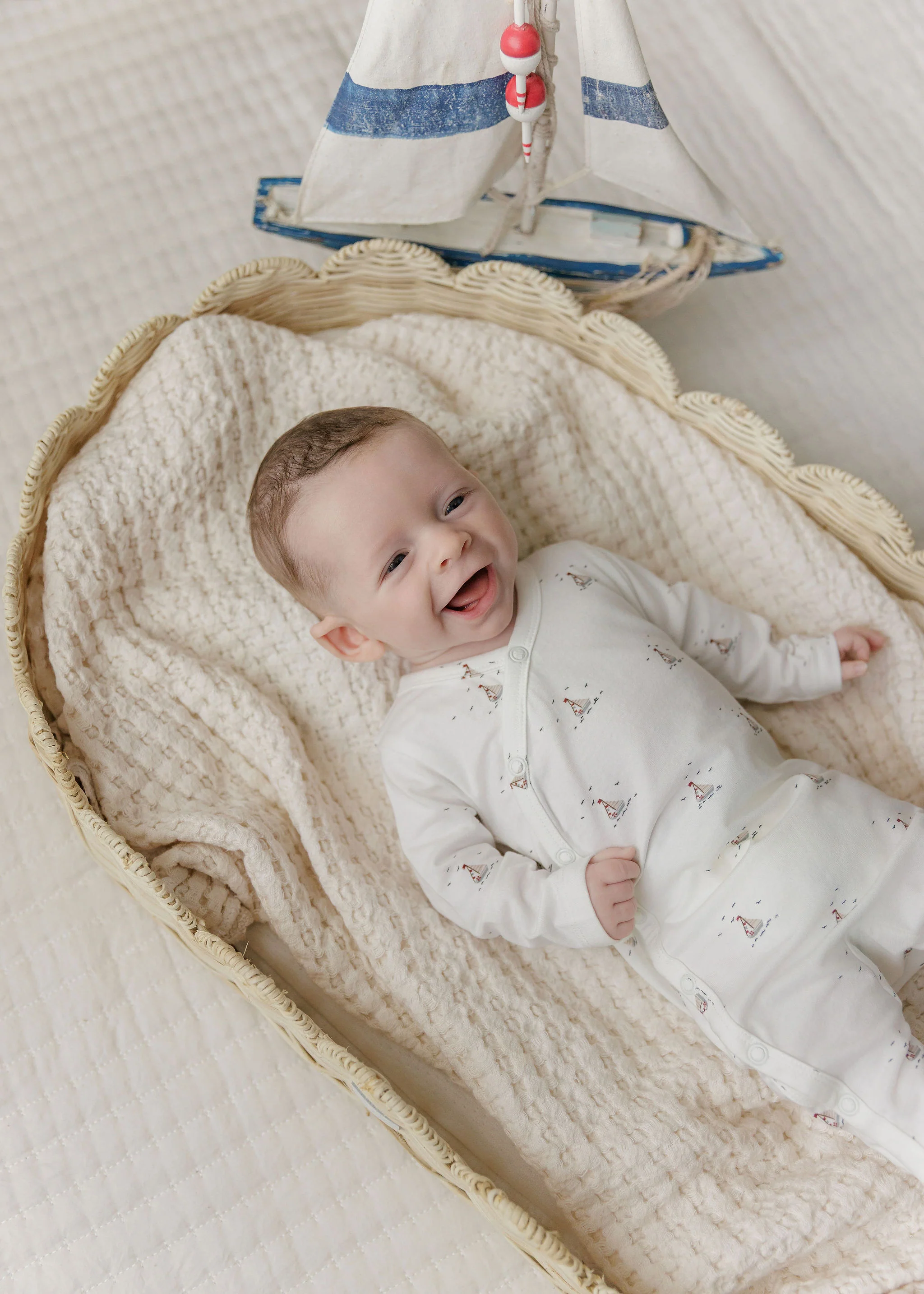 Baby Boy Footie – Ivory Blue – Nautical Print - Image 2