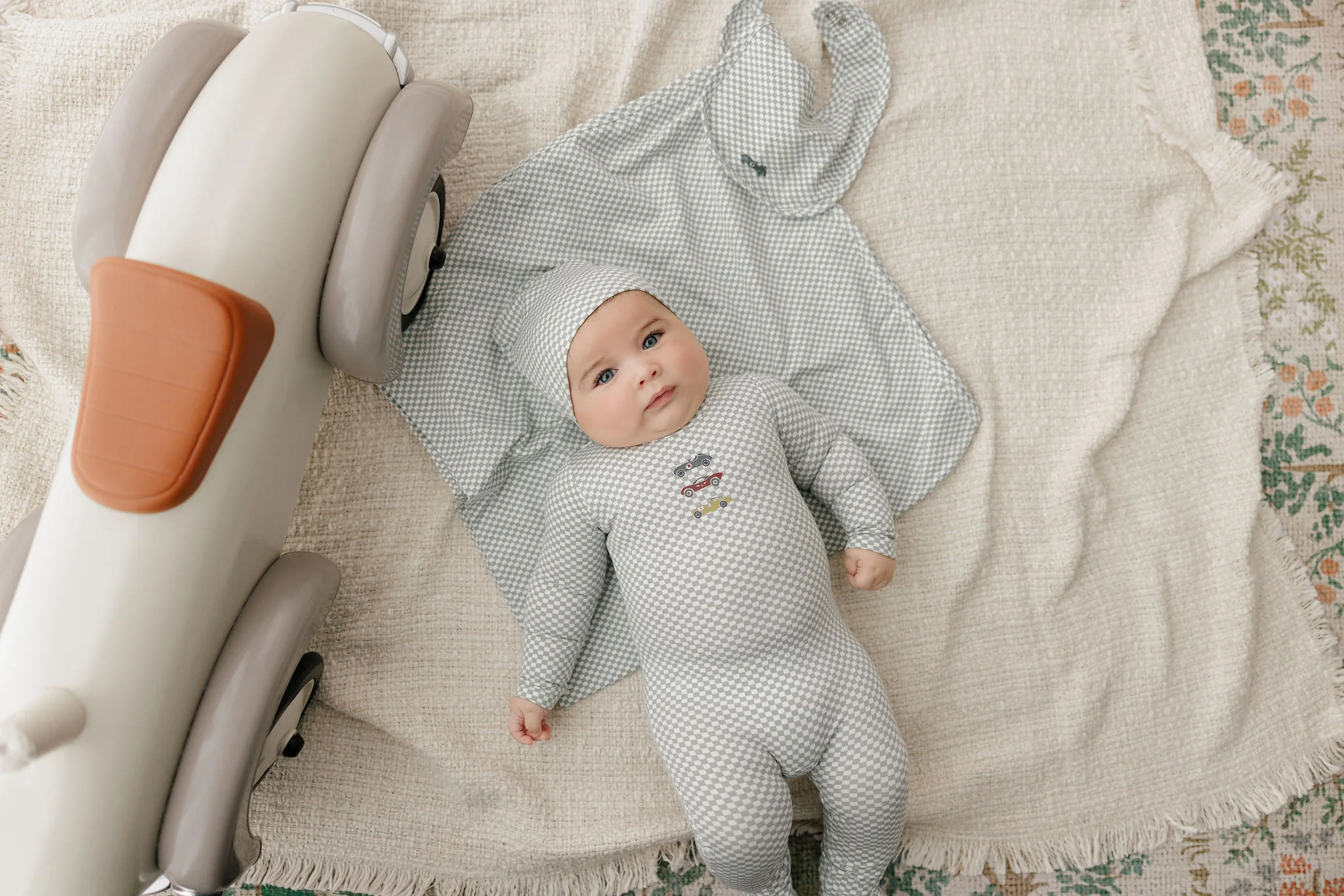 Baby Boy Layette Set – Blue – Checked Race Car - Image 3