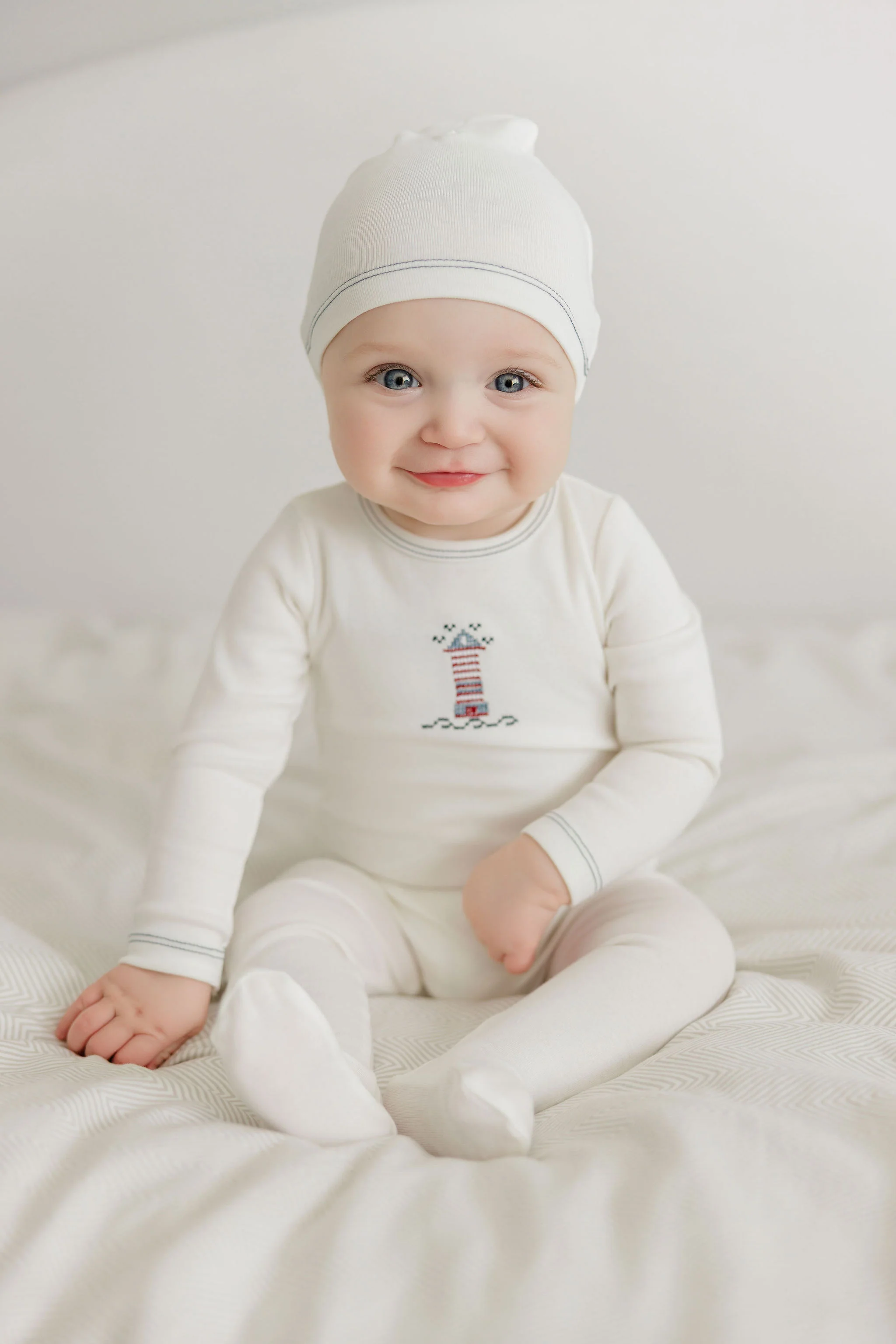 Baby Boy Footie and Beanie – Ivory Blue – Cross Stitch Lighthouse - Image 2