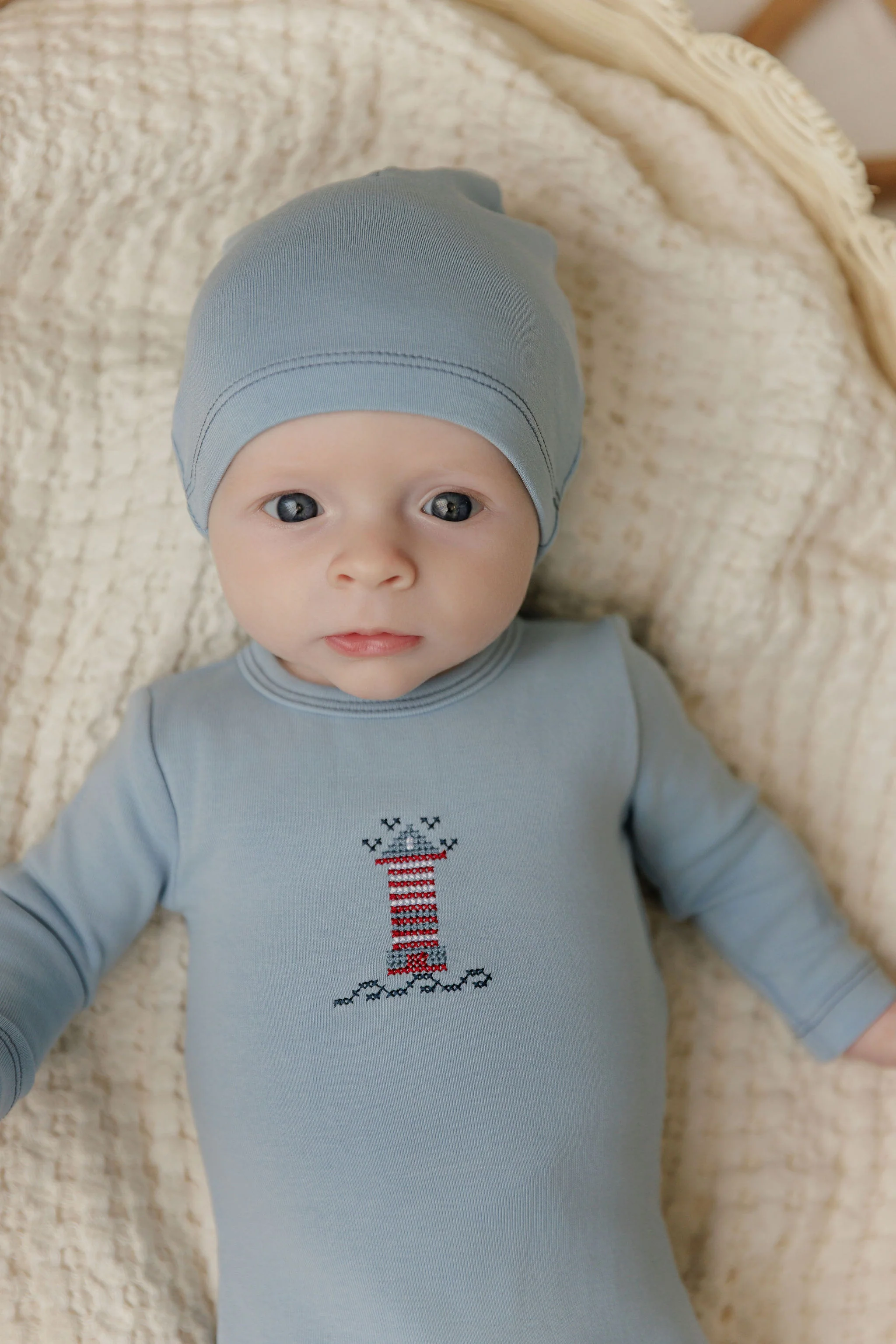 Baby Boy Footie – Blue – Cross Stitch Lighthouse - Image 3