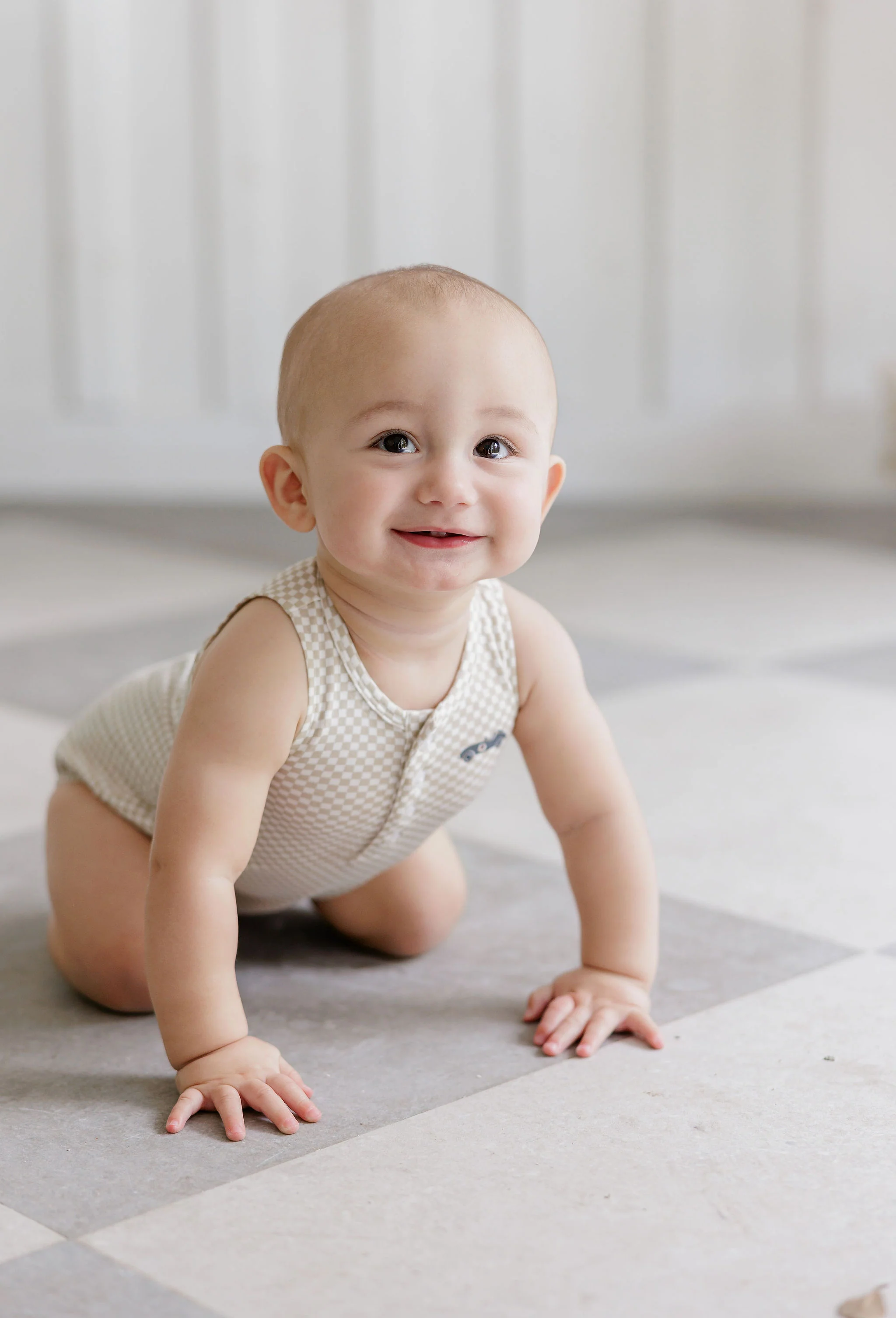 Boys Romper – Tan – Checked Race Car - Image 2