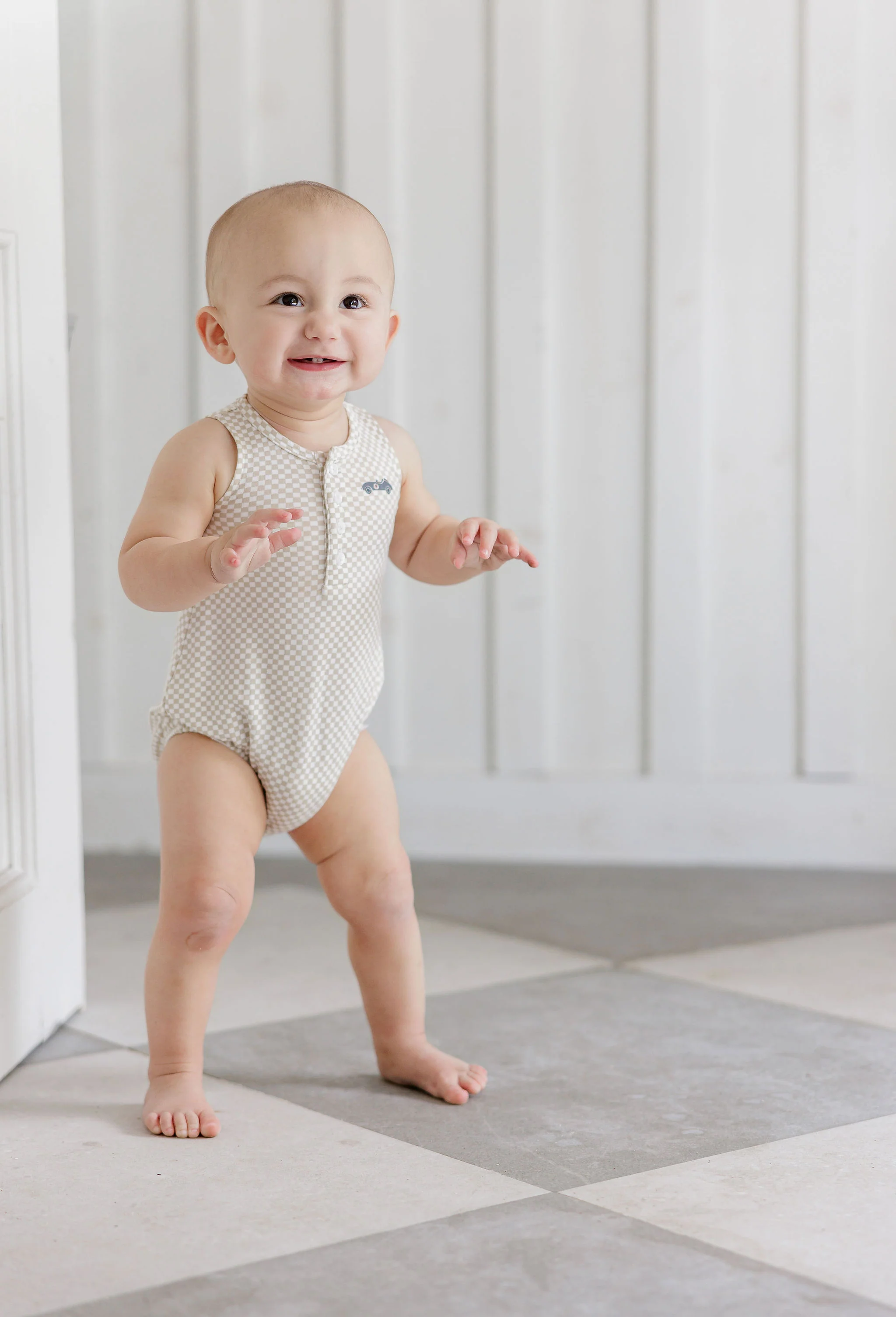 Boys Romper – Tan – Checked Race Car - Image 5
