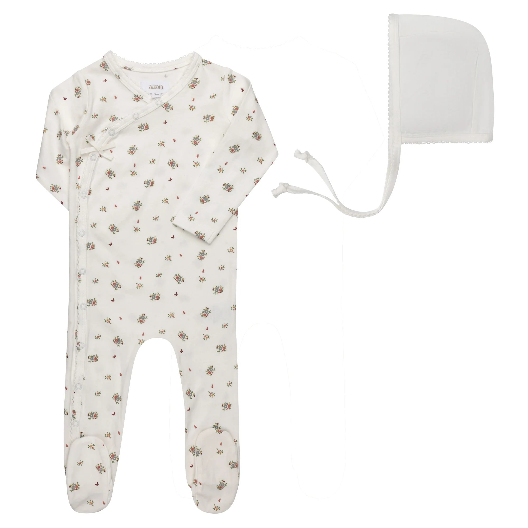 Baby Girl Footie and Bonnet – Ivory Pink – Floral Print