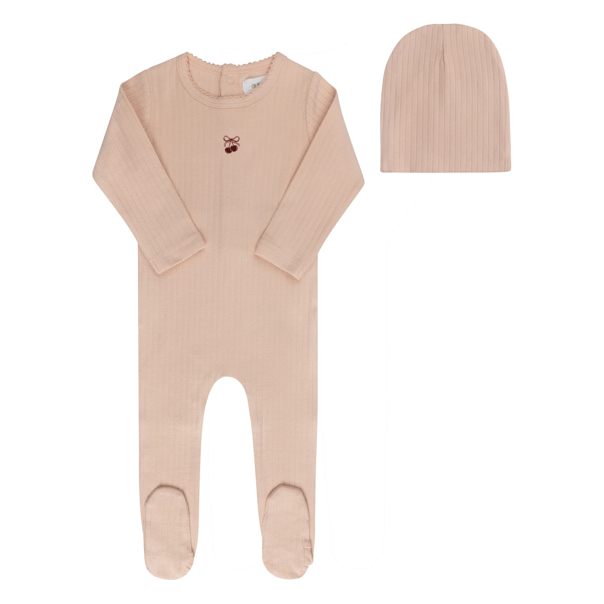 Baby Girl Footie and Beanie – Pink/Red – Bow Print