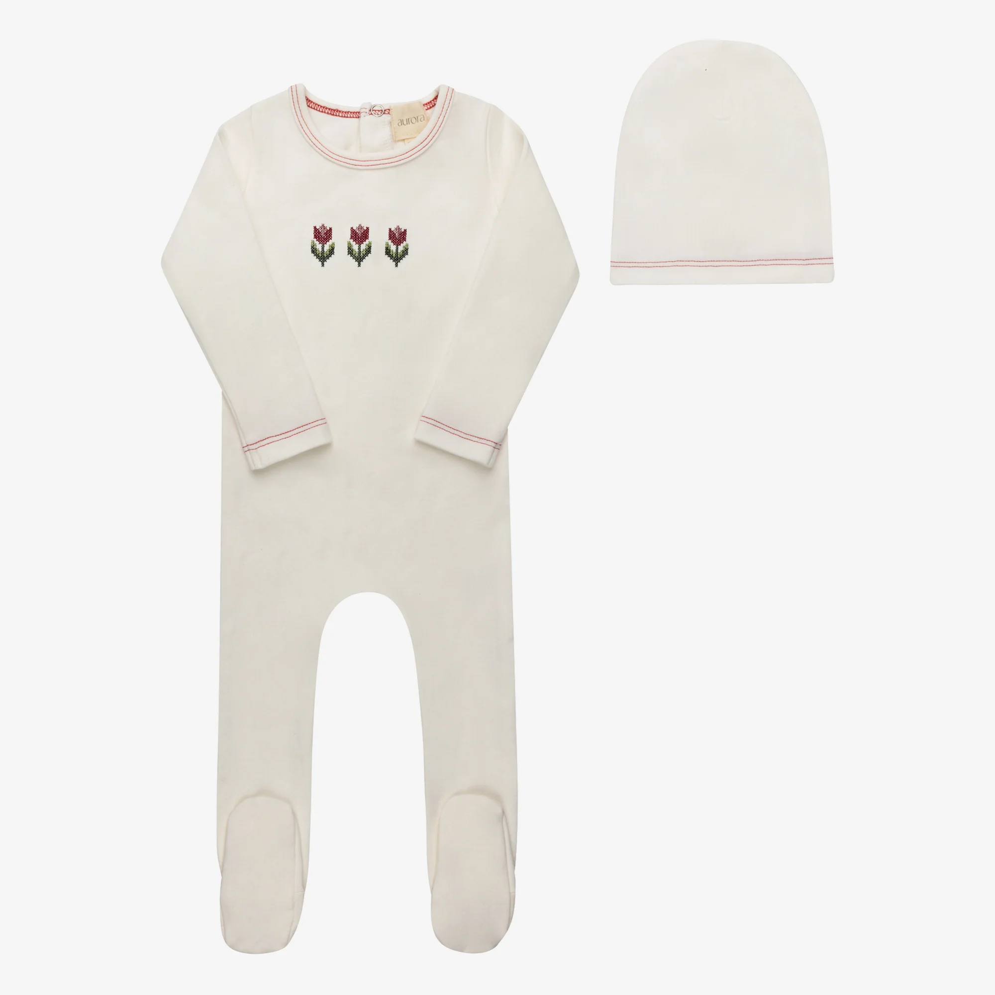 Baby Girl Footie and Beanie – Ivory Pink – Cross Stitch Tulip