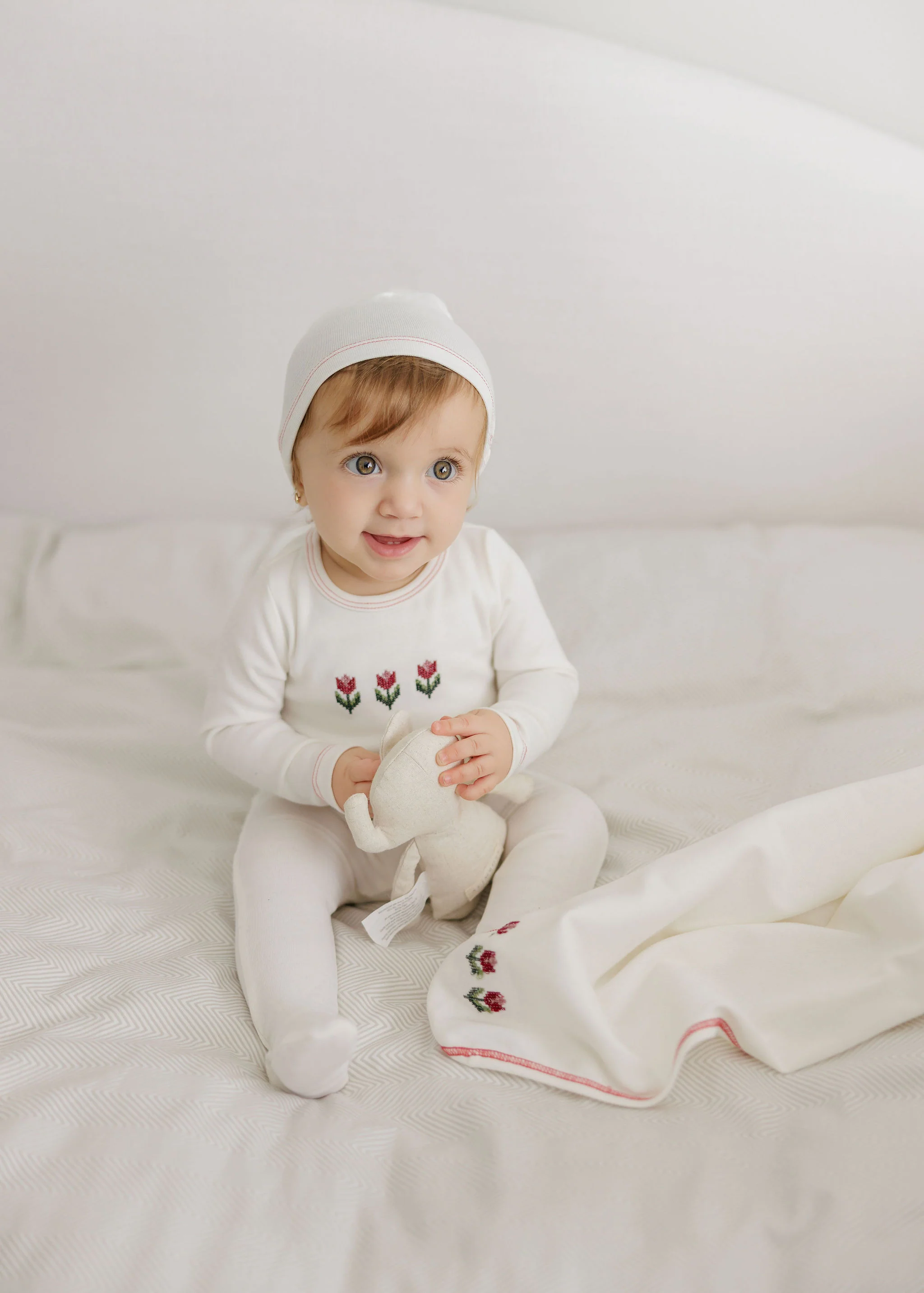 Baby Girl Footie and Beanie – Ivory Pink – Cross Stitch Tulip - Image 3