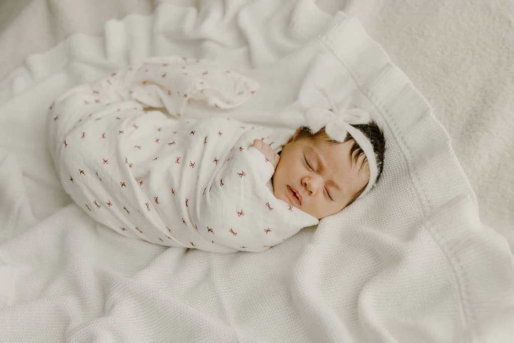 Baby Girl Muslin Swaddle Blanket – Ivory Red – Bow Pattern - Image 5