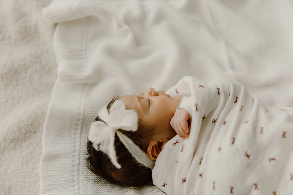 Baby Girl Muslin Swaddle Blanket – Ivory Red – Bow Pattern - Image 6