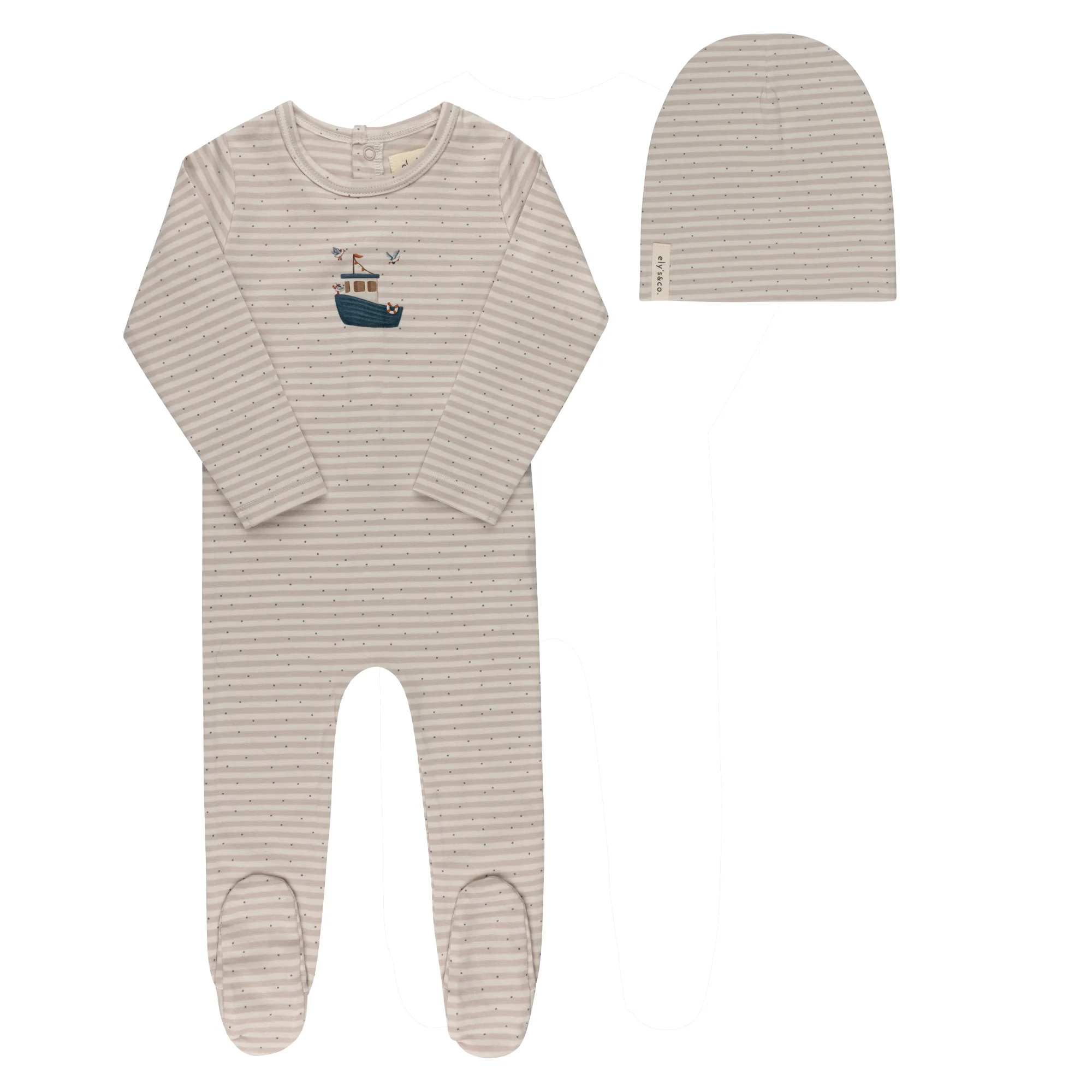 Baby Boy Footie and Beanie - Tan - Nautical Stripe