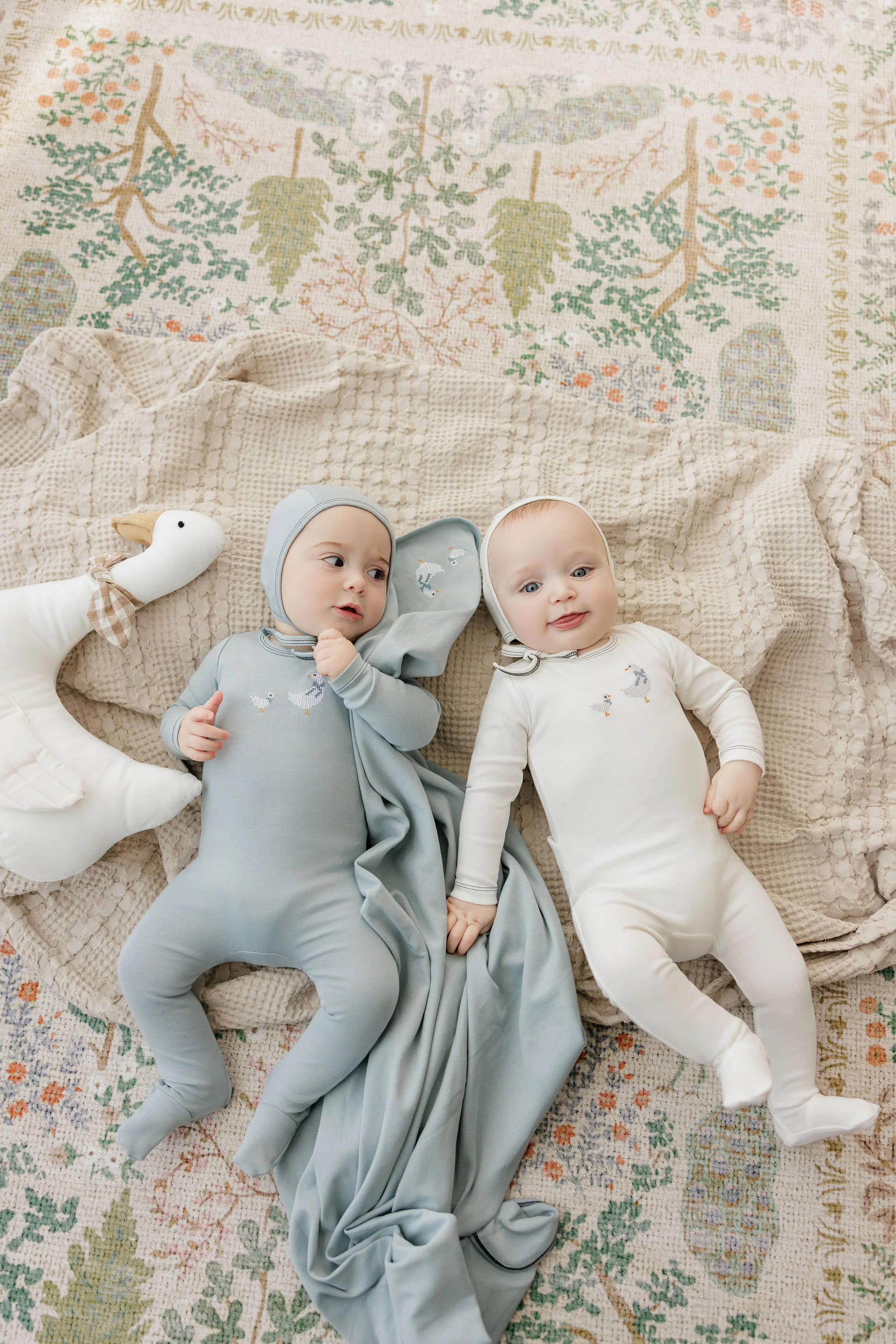 Baby Boy Footie and Bonnet – Ivory Blue – Cross Stitch Duckling - Image 5
