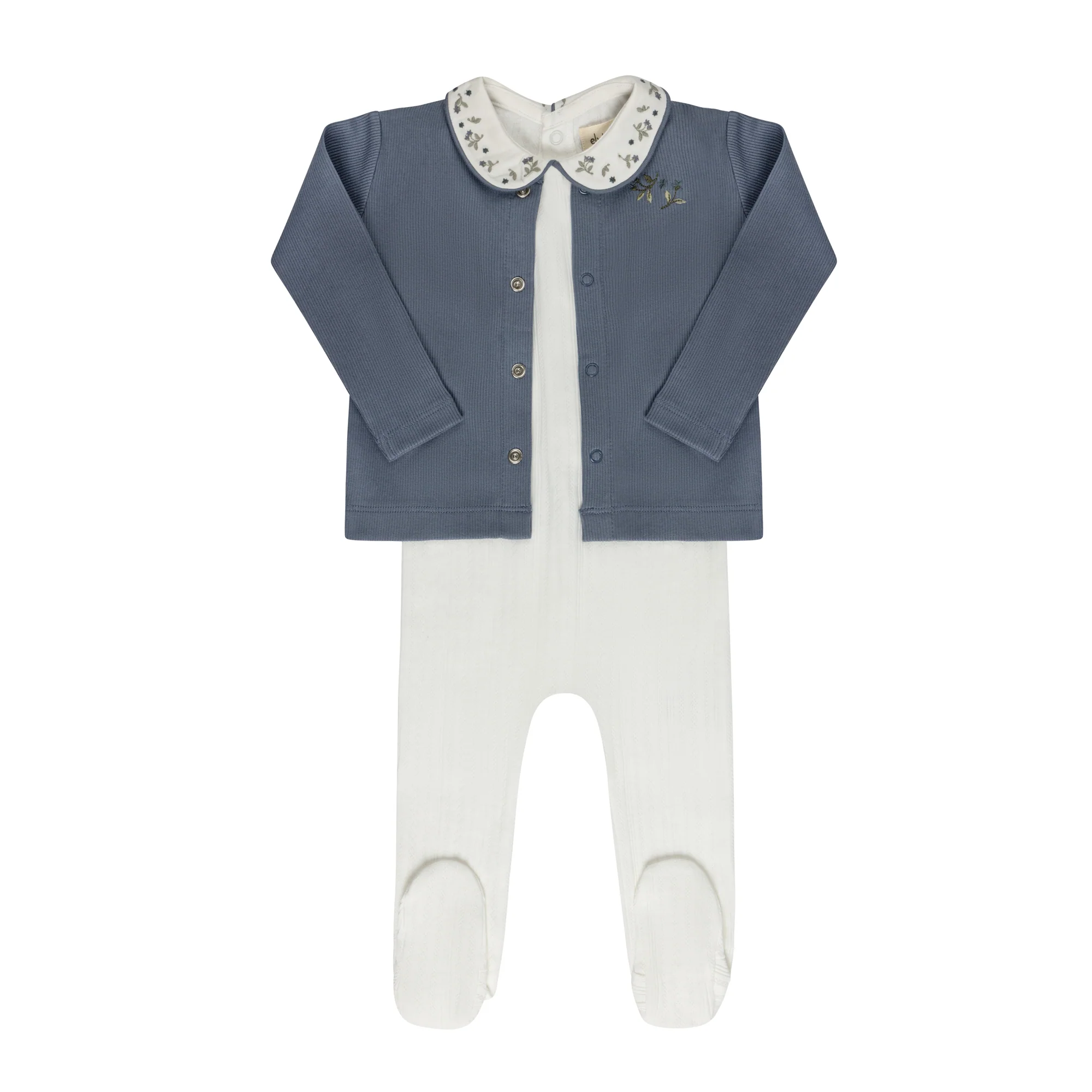Baby Boy Footie and Bonnet – Ivory Blue – Embroidered Collar - Image 2