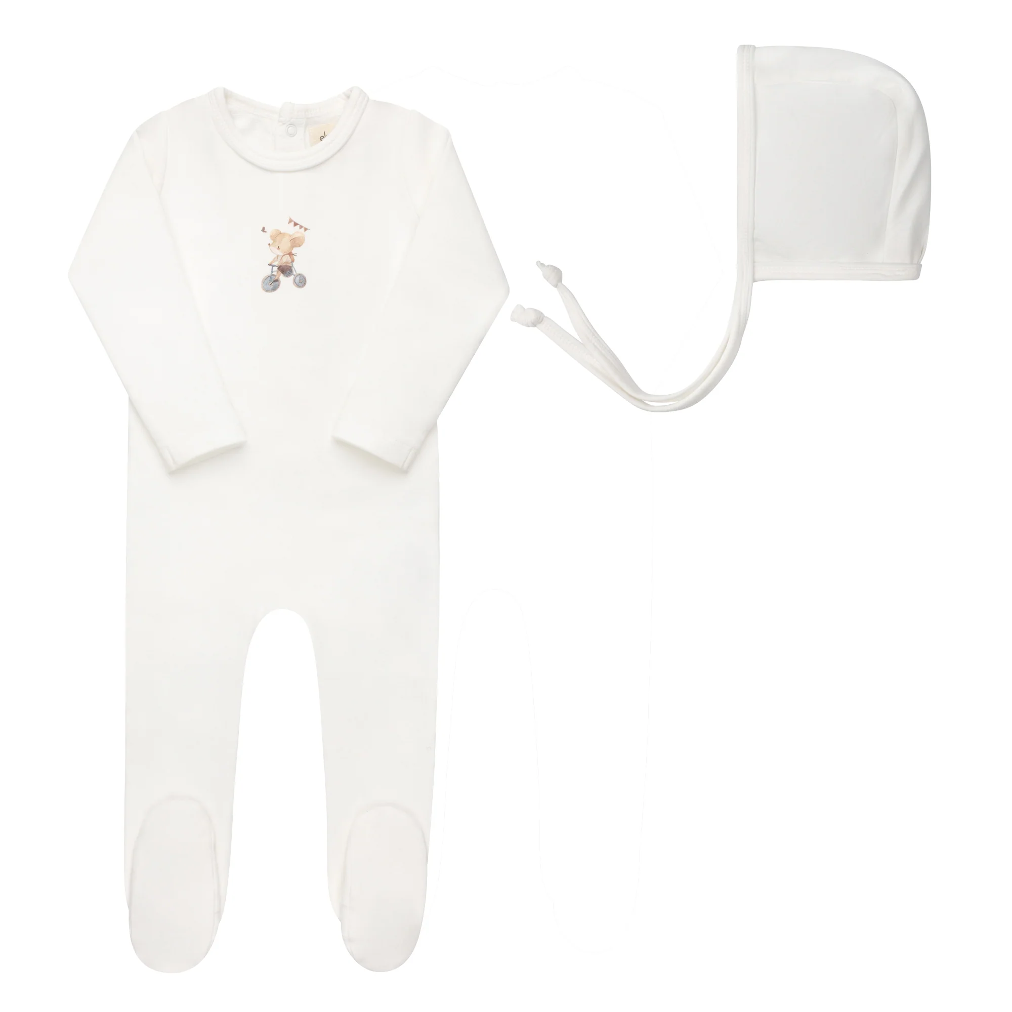 Baby Boy Footie and Bonnet – Ivory Blue – Playful Mouse
