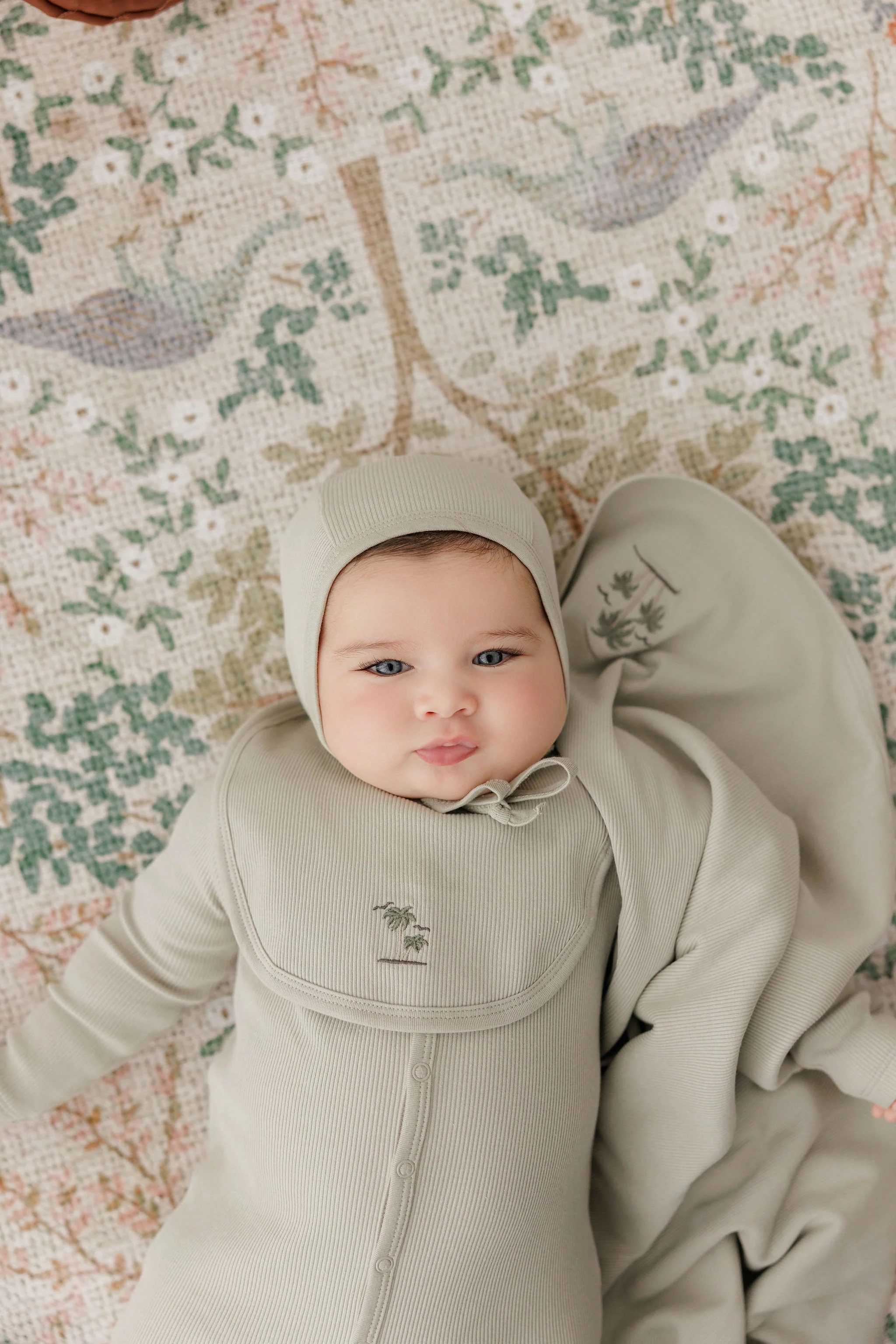 Baby Boy Footie - Sage - Embroidered Palm Trees - Image 3