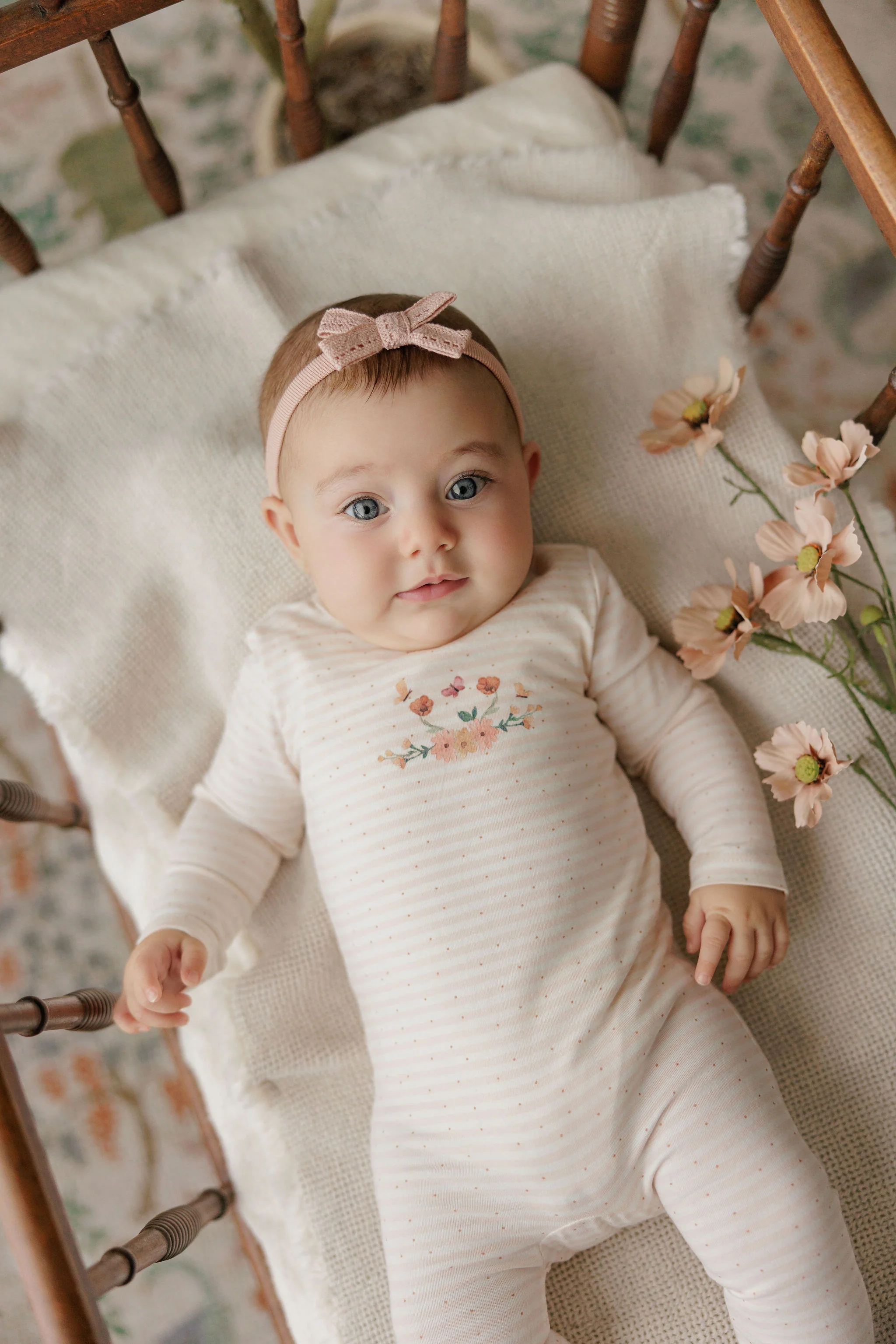 Baby Girl Footie and Beanie - Ivory Pink - Floral Stripe - Image 2