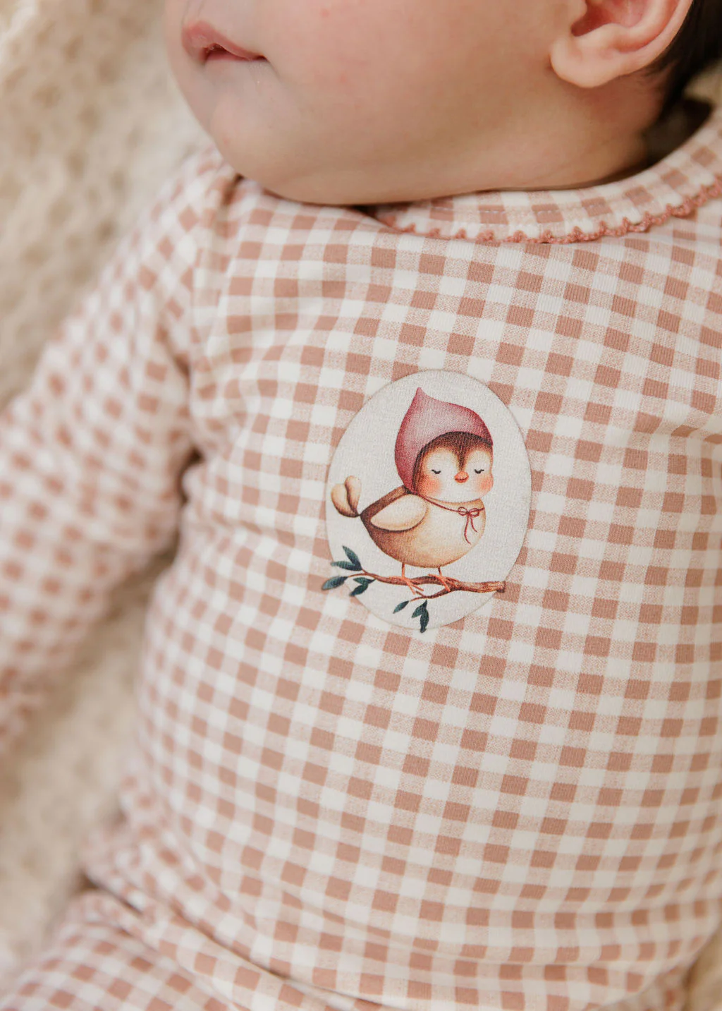 Baby Girl Footie and Beanie - Mauve - Gingham Owl - Image 2