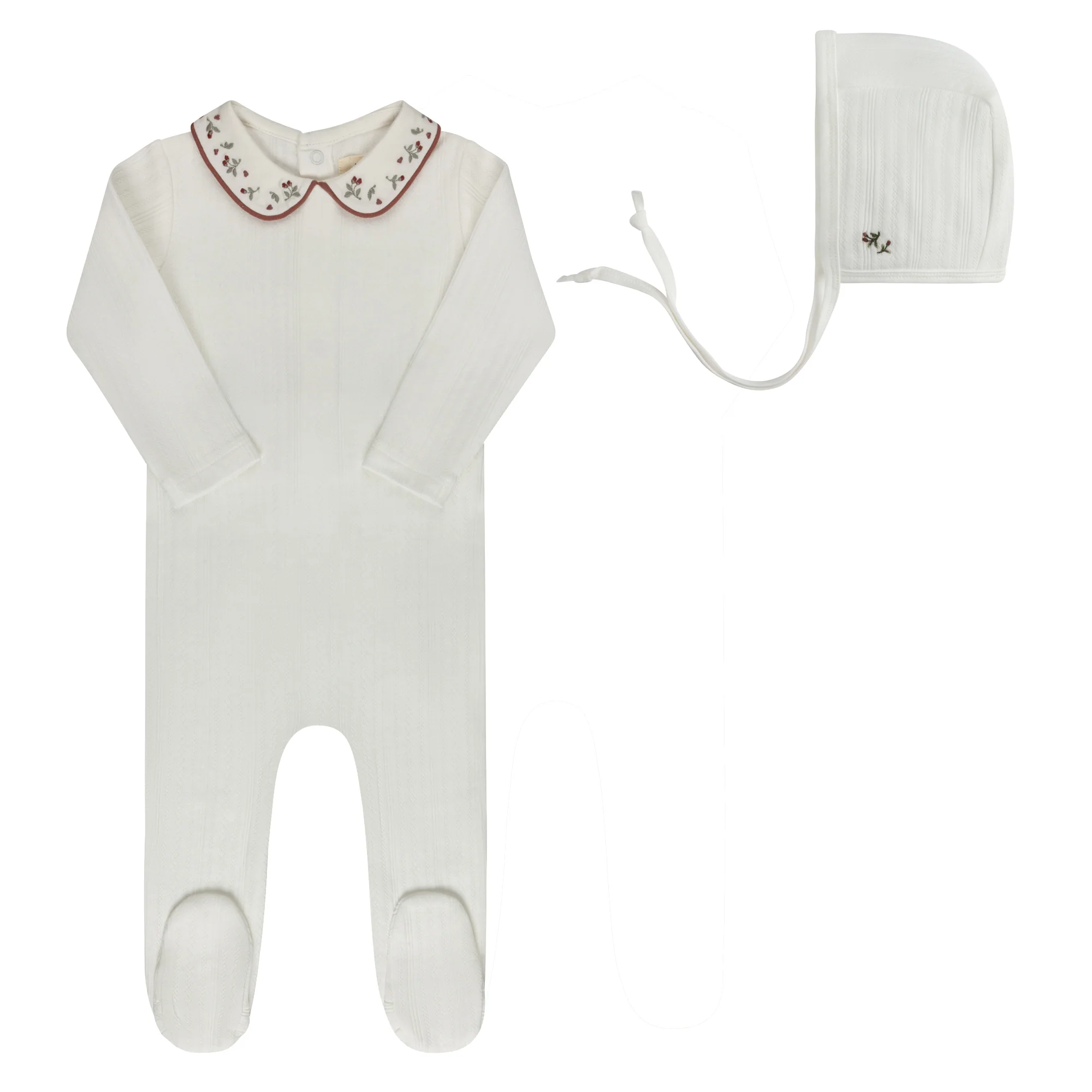 Baby Girl Footie and Bonnet – Ivory Pink – Embroidered Collar