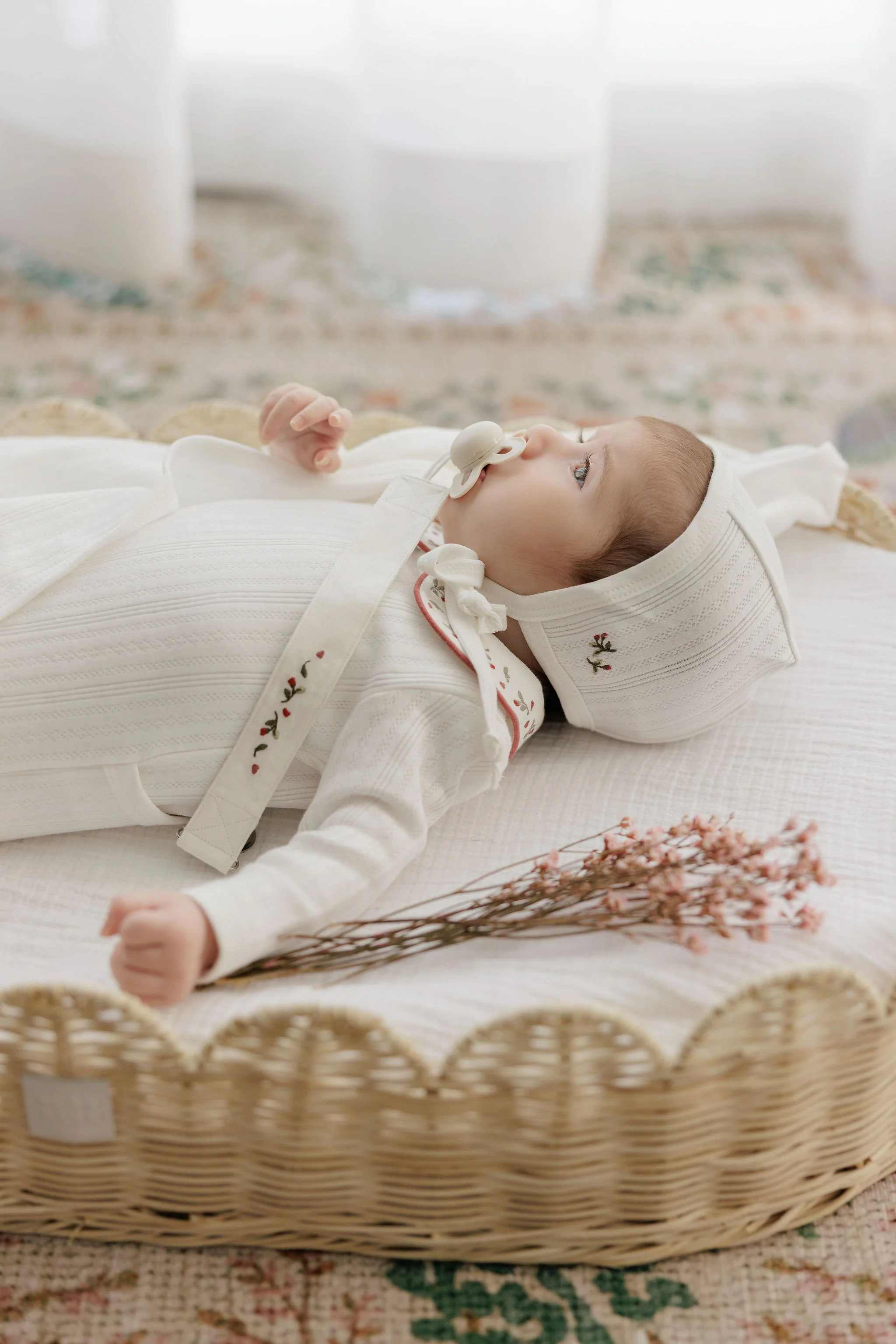 Baby Girl Footie and Bonnet – Ivory Pink – Embroidered Collar - Image 3