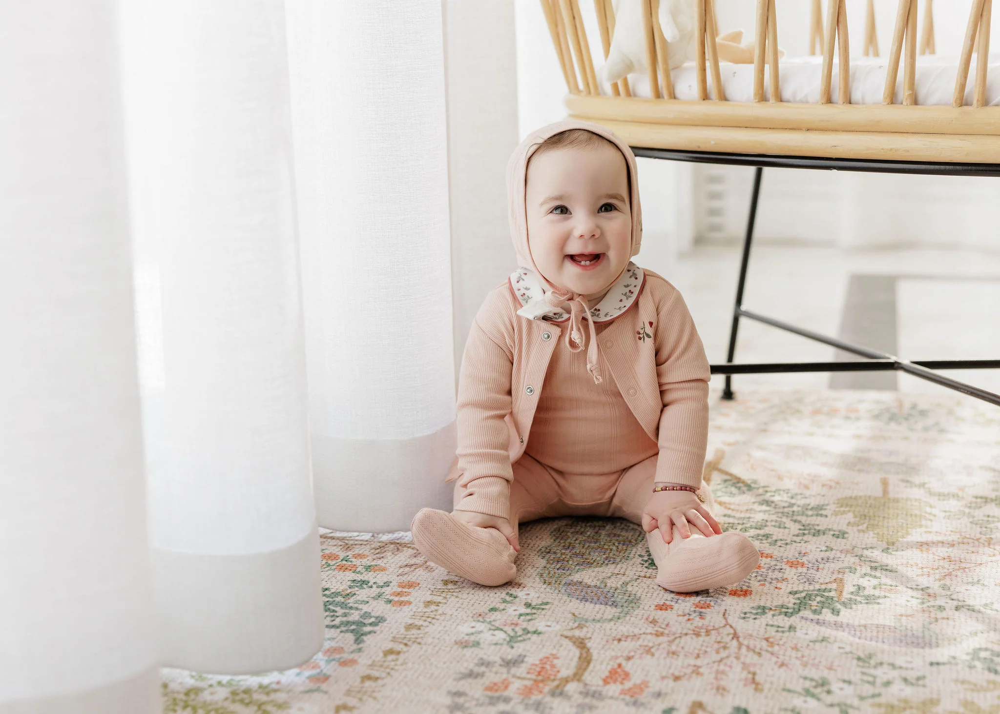 Baby Girl Footie and Bonnet – Pink – Embroidered Collar - Image 2