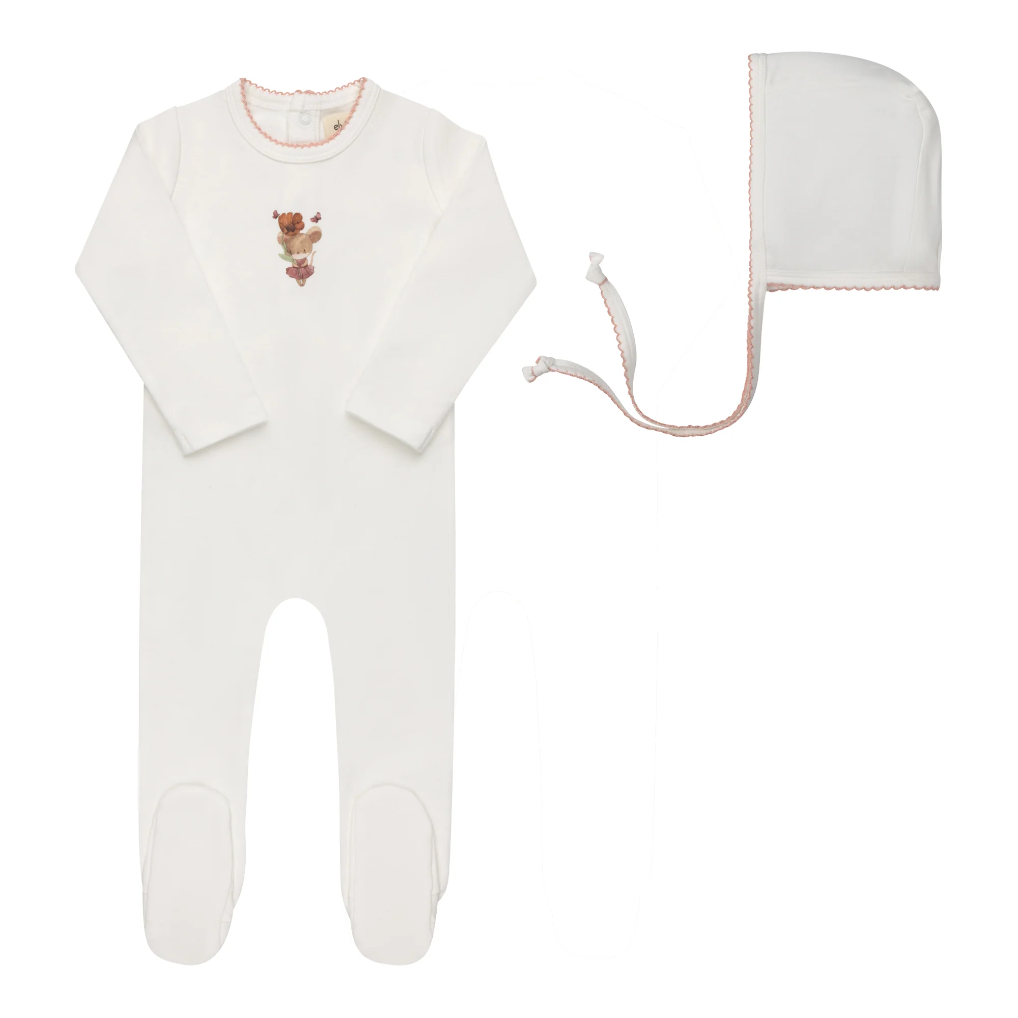Baby Girl Footie and Bonnet – Ivory Pink – Playful Mouse
