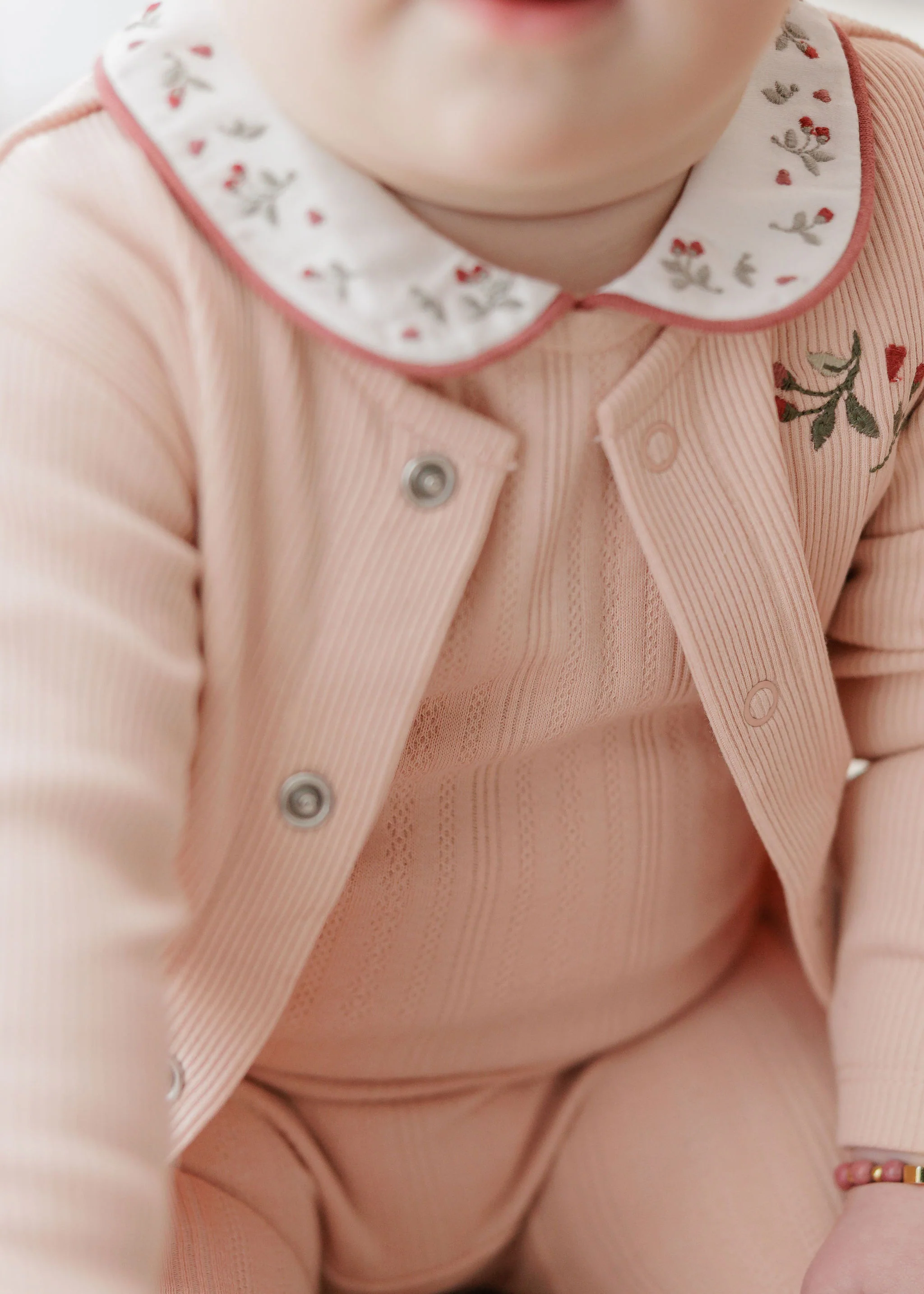 Baby Girl Footie – Pink – Embroidered Collar - Image 2