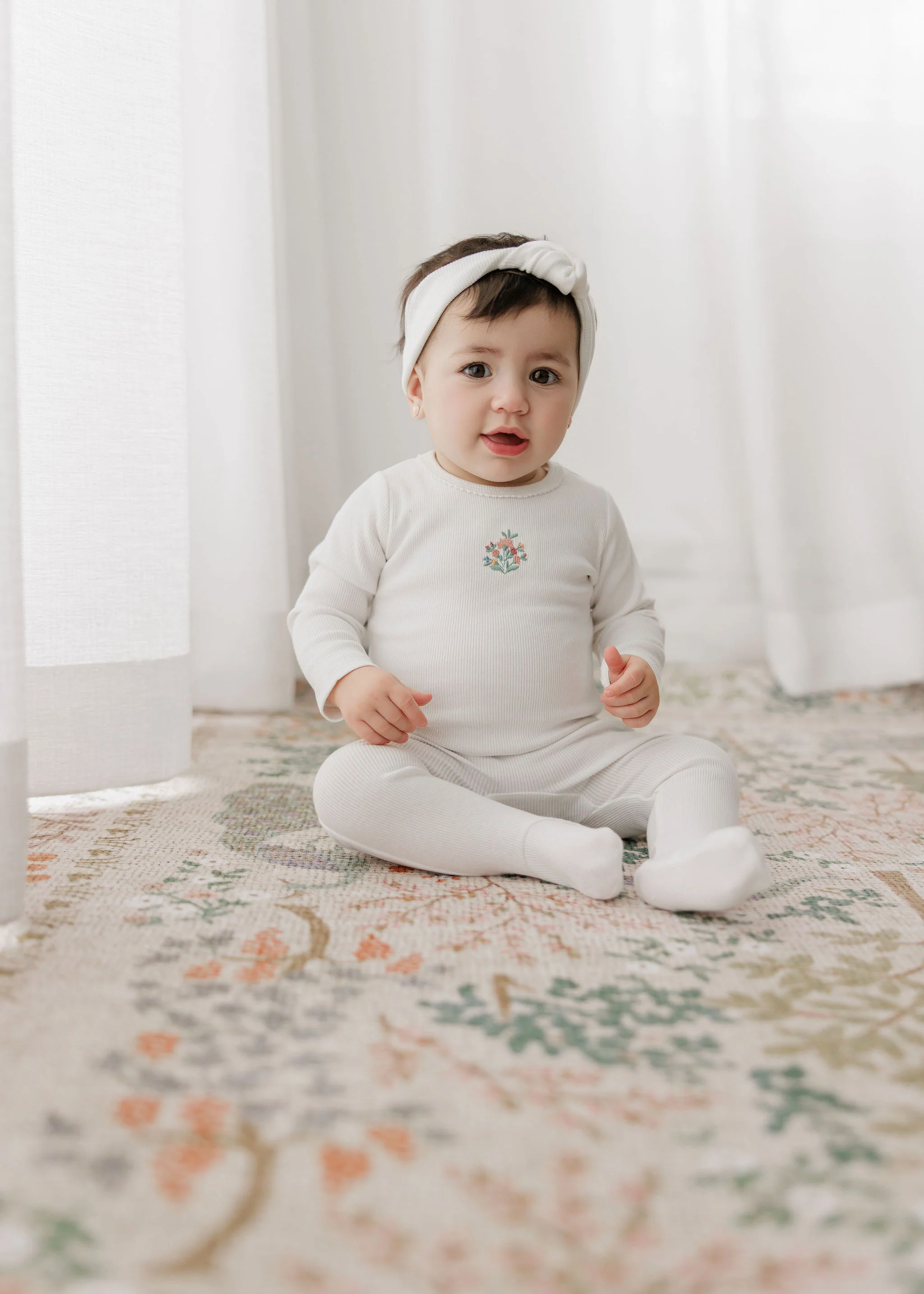 Baby Girl Footie - Ivory - Embroidered Florals - Image 2