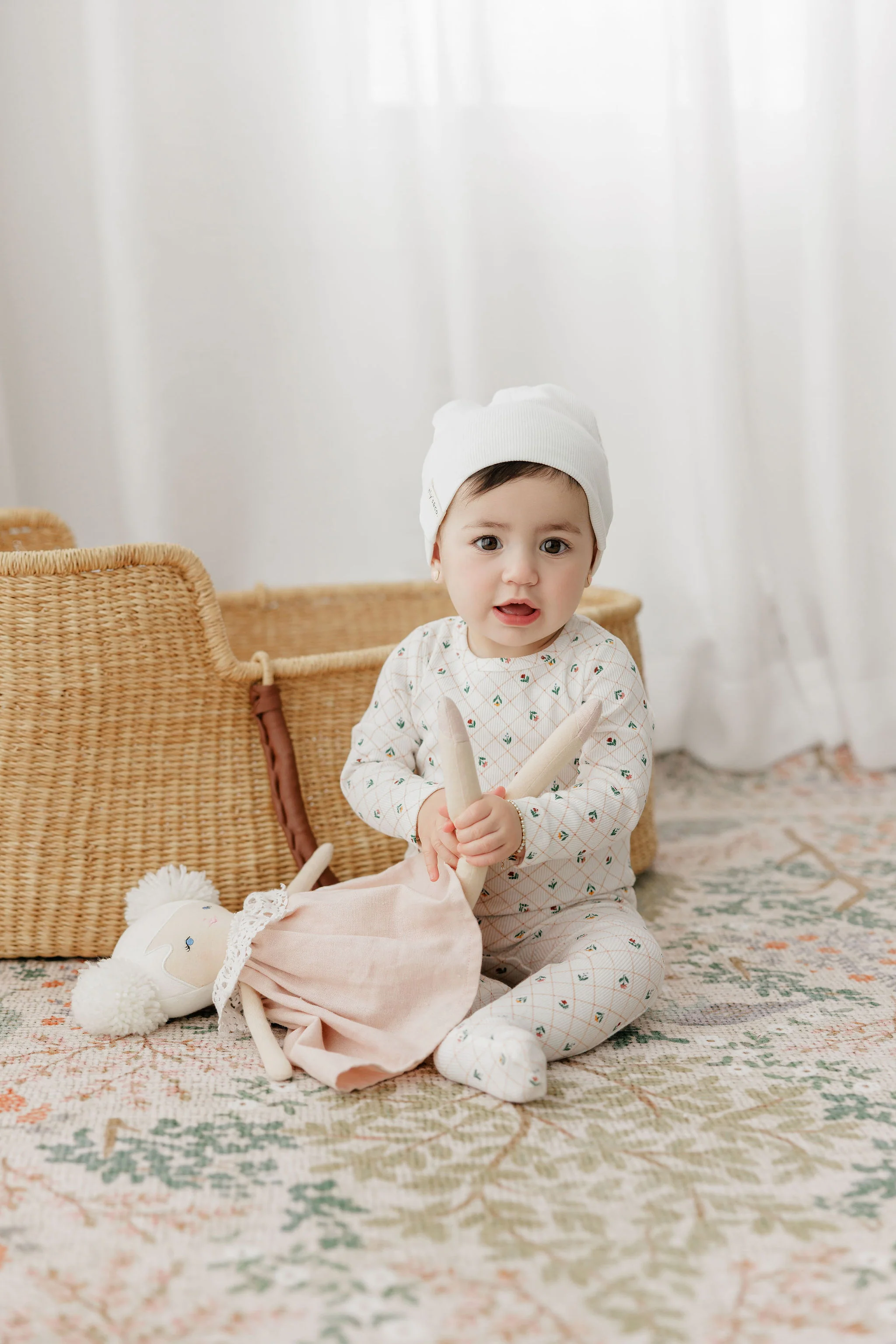 Baby Girl Footie - Ivory - Floral Grid - Image 3