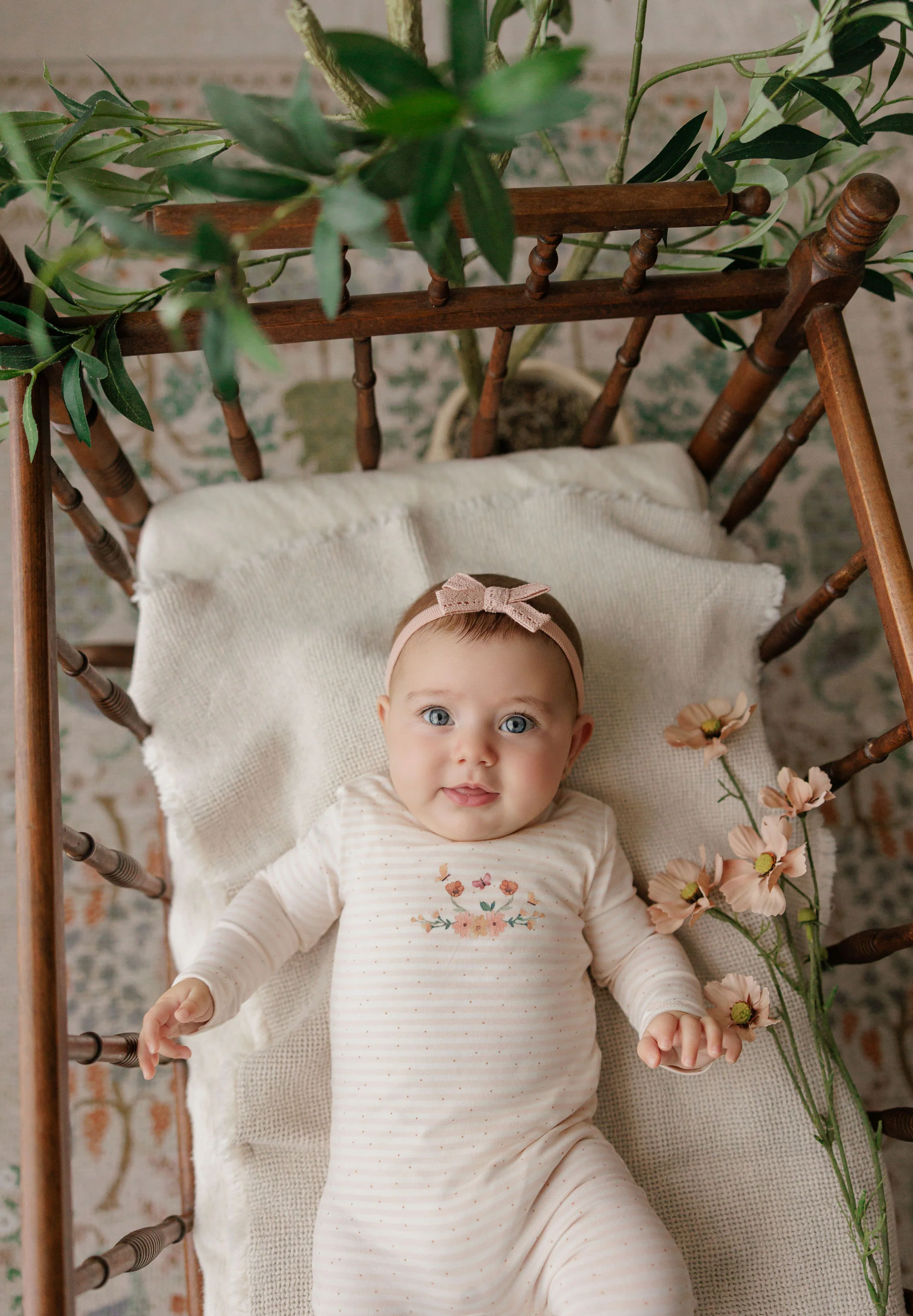 Baby Girl Footie - Ivory Pink - Floral Stripe - Image 2