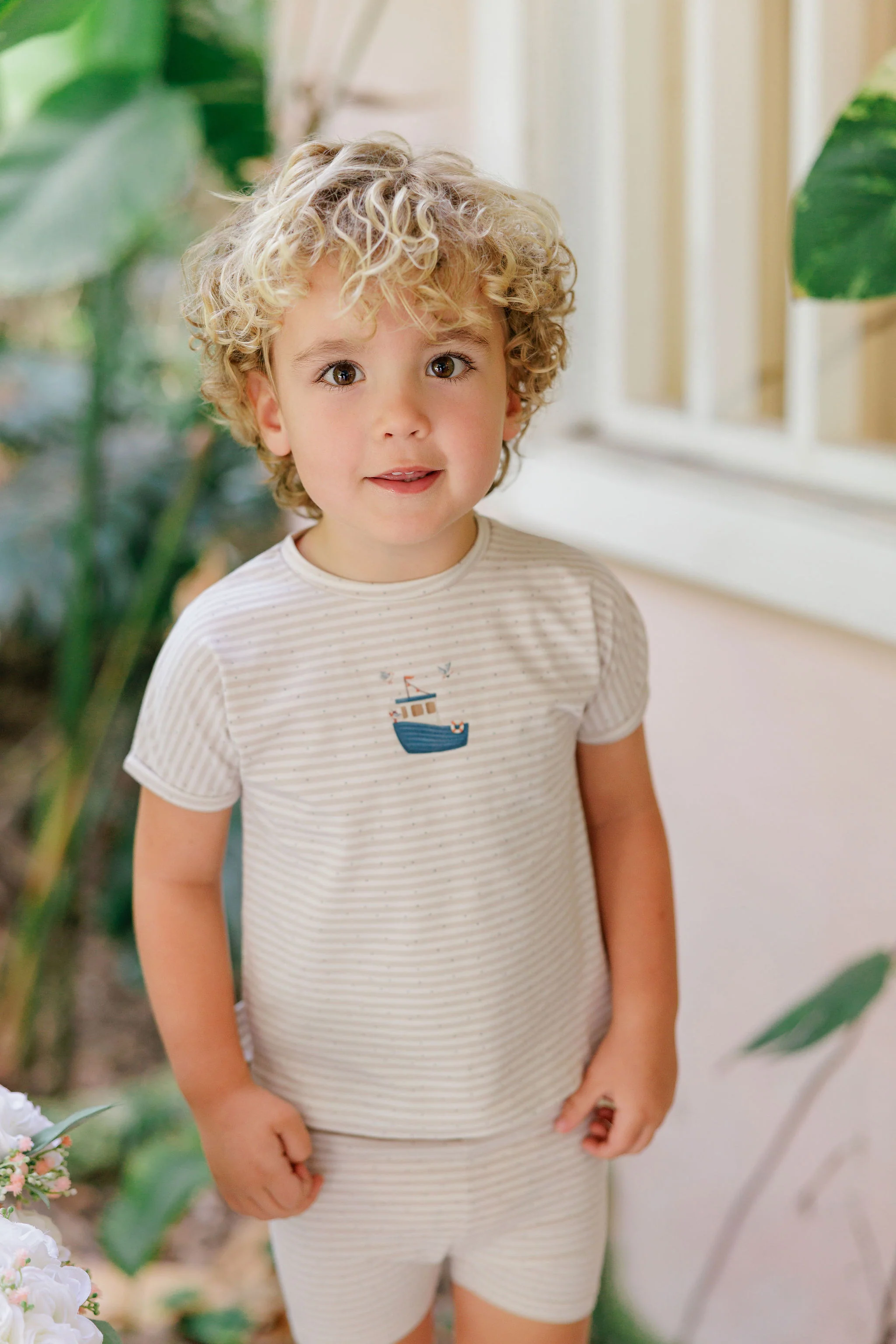 Boys Tshirt and Shorts Set - Tan - Nautical Stripe - Image 2