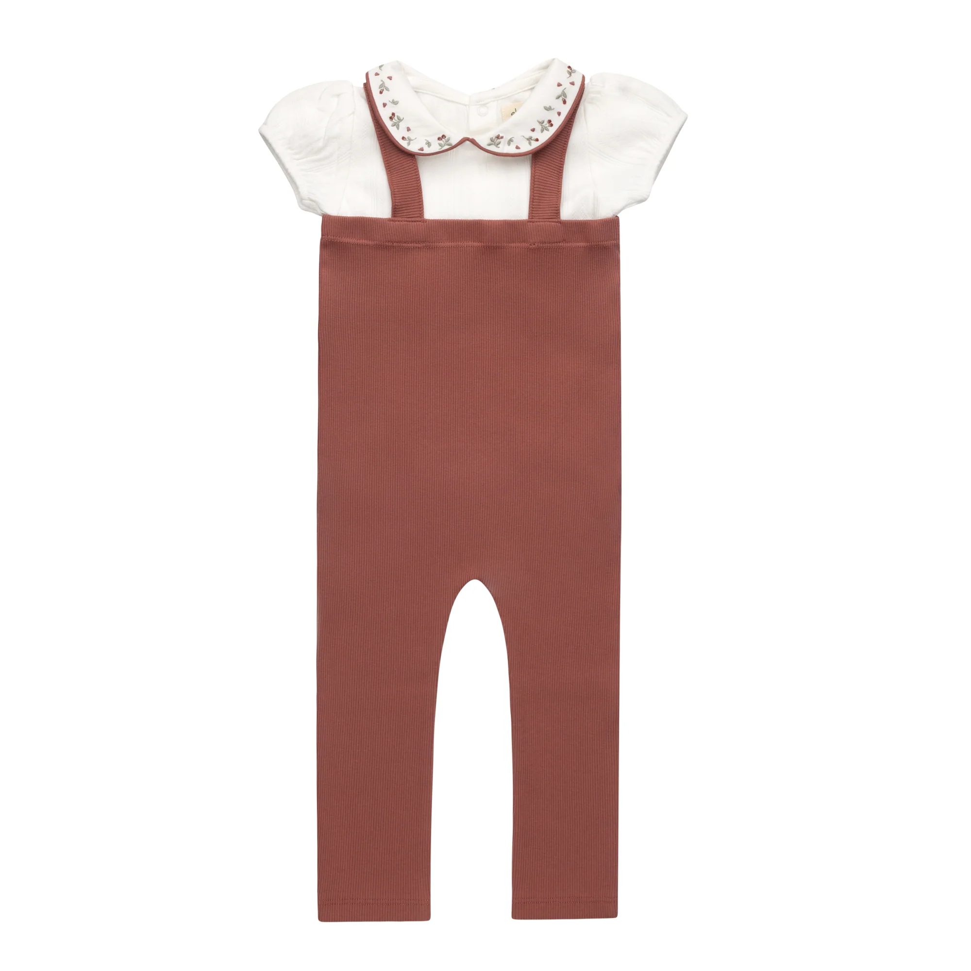 Girls T-shirt and Overalls – Ivory Pink – Embroidered Collar - Image 3
