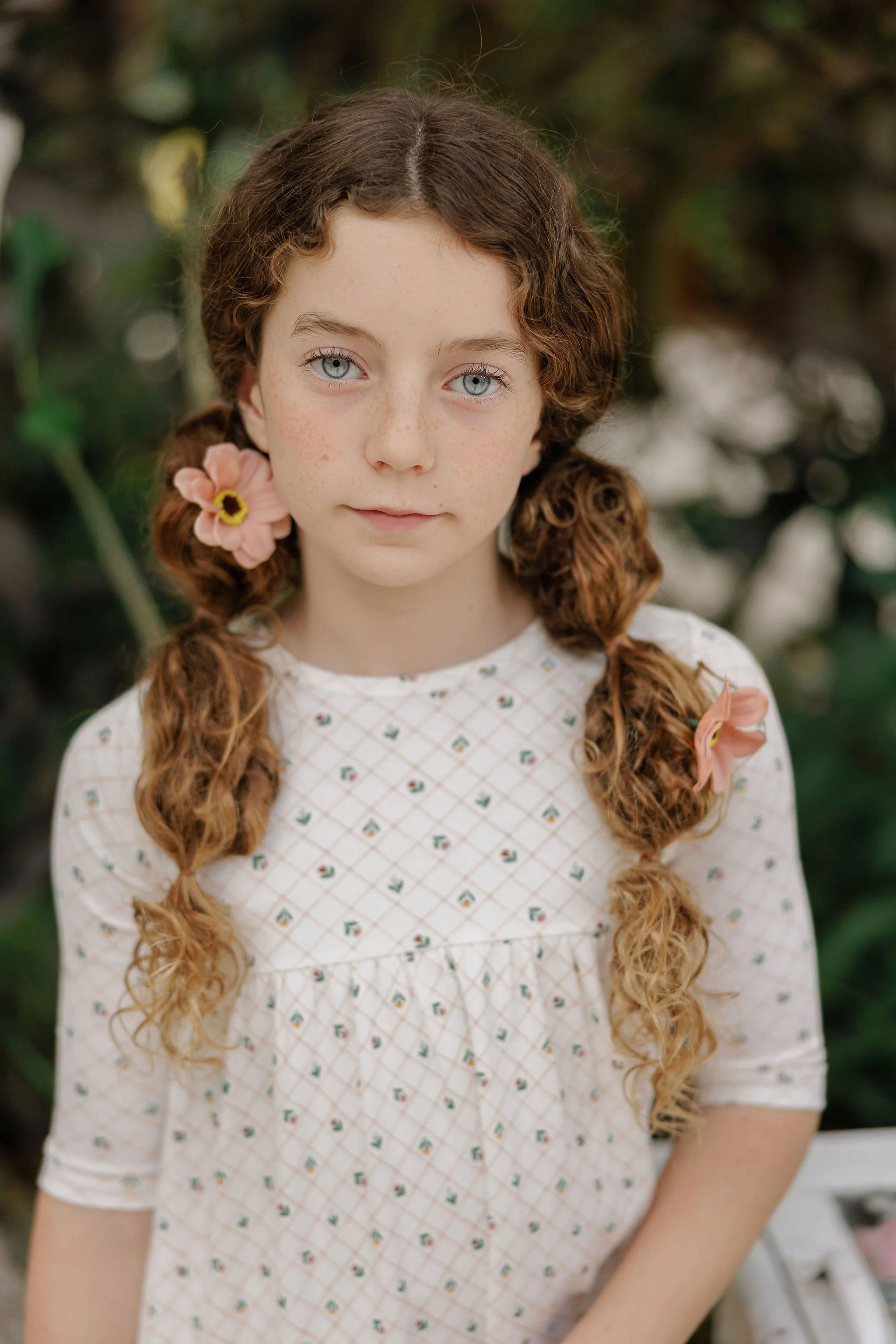 Girls Dress 3/4 Sleeves - Ivory - Floral Grid - Image 3