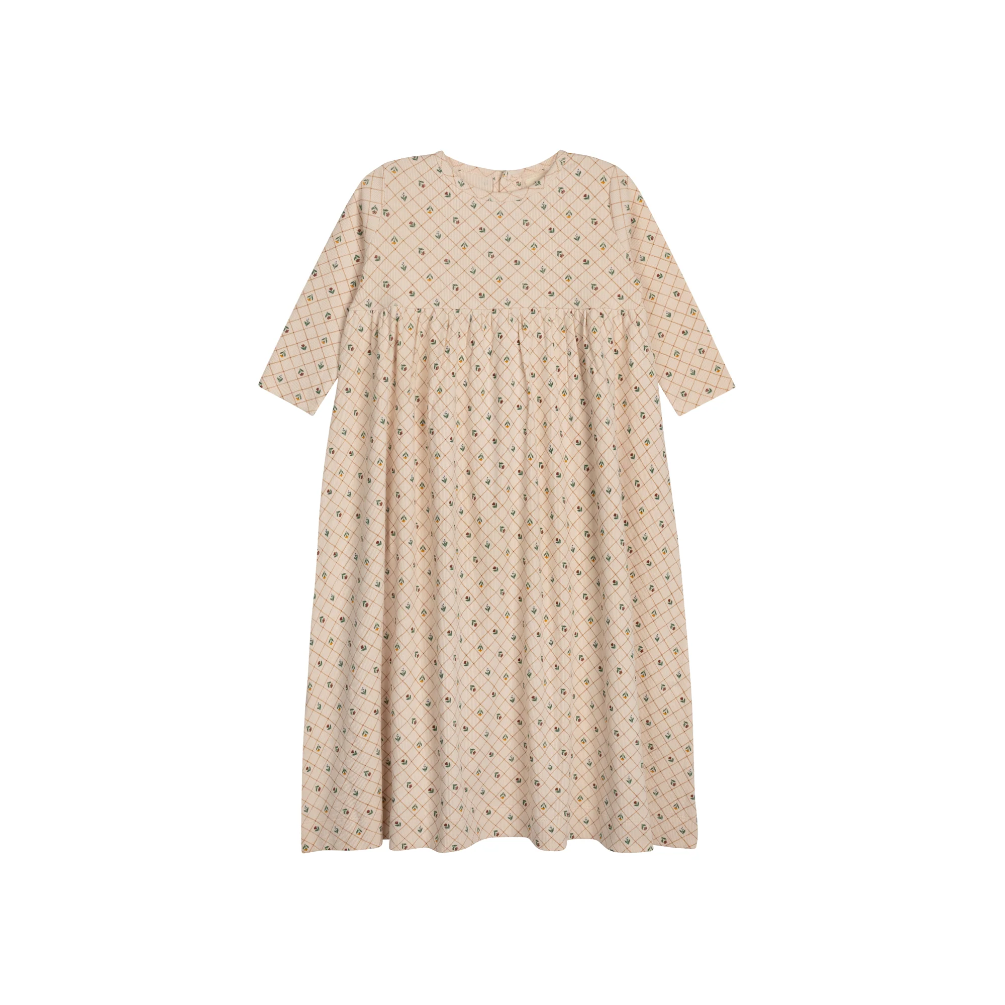 Girls Dress 3/4 Sleeves - Pink - Floral Grid