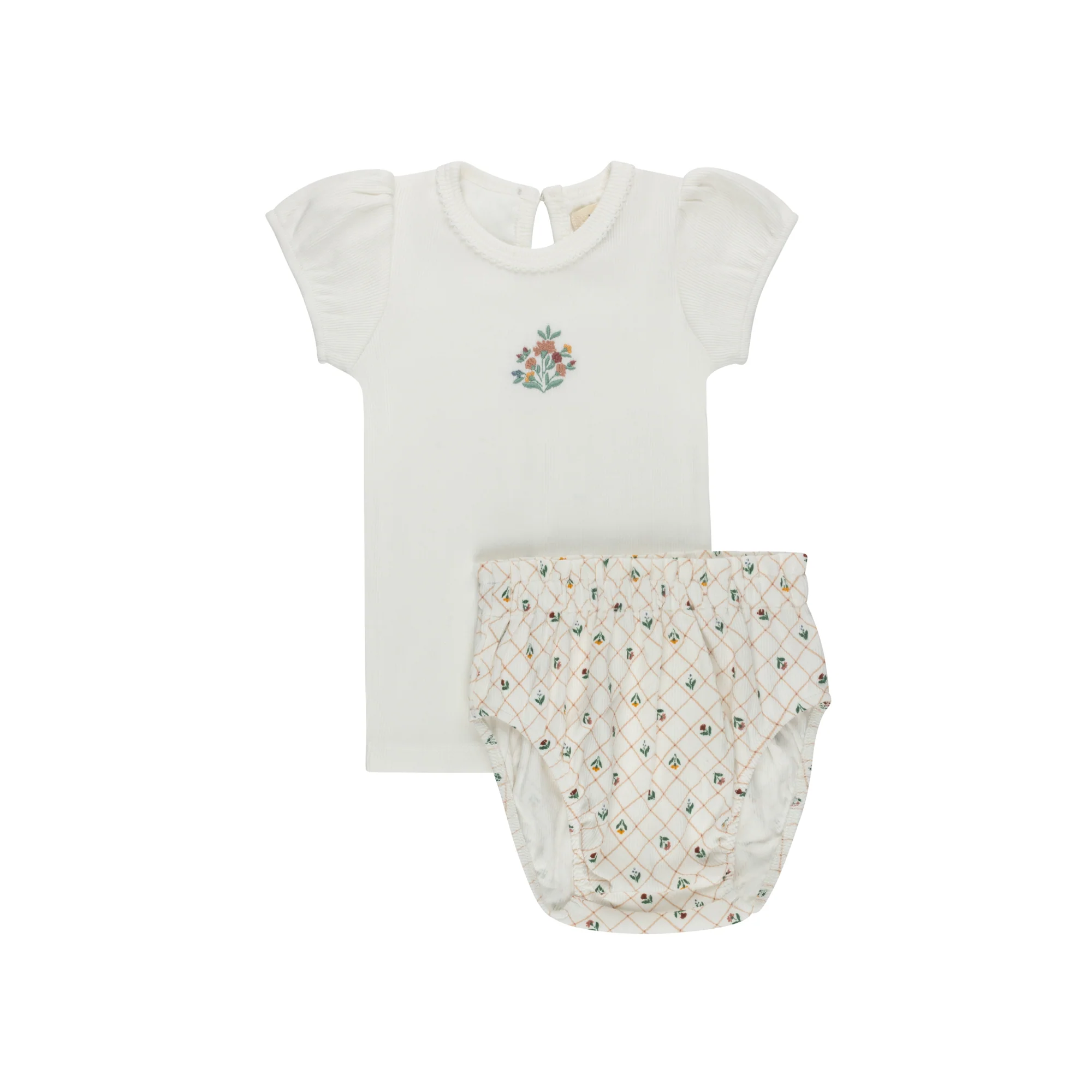 Girls Tshirt and Bloomer Set - Ivory - Embroidered Florals