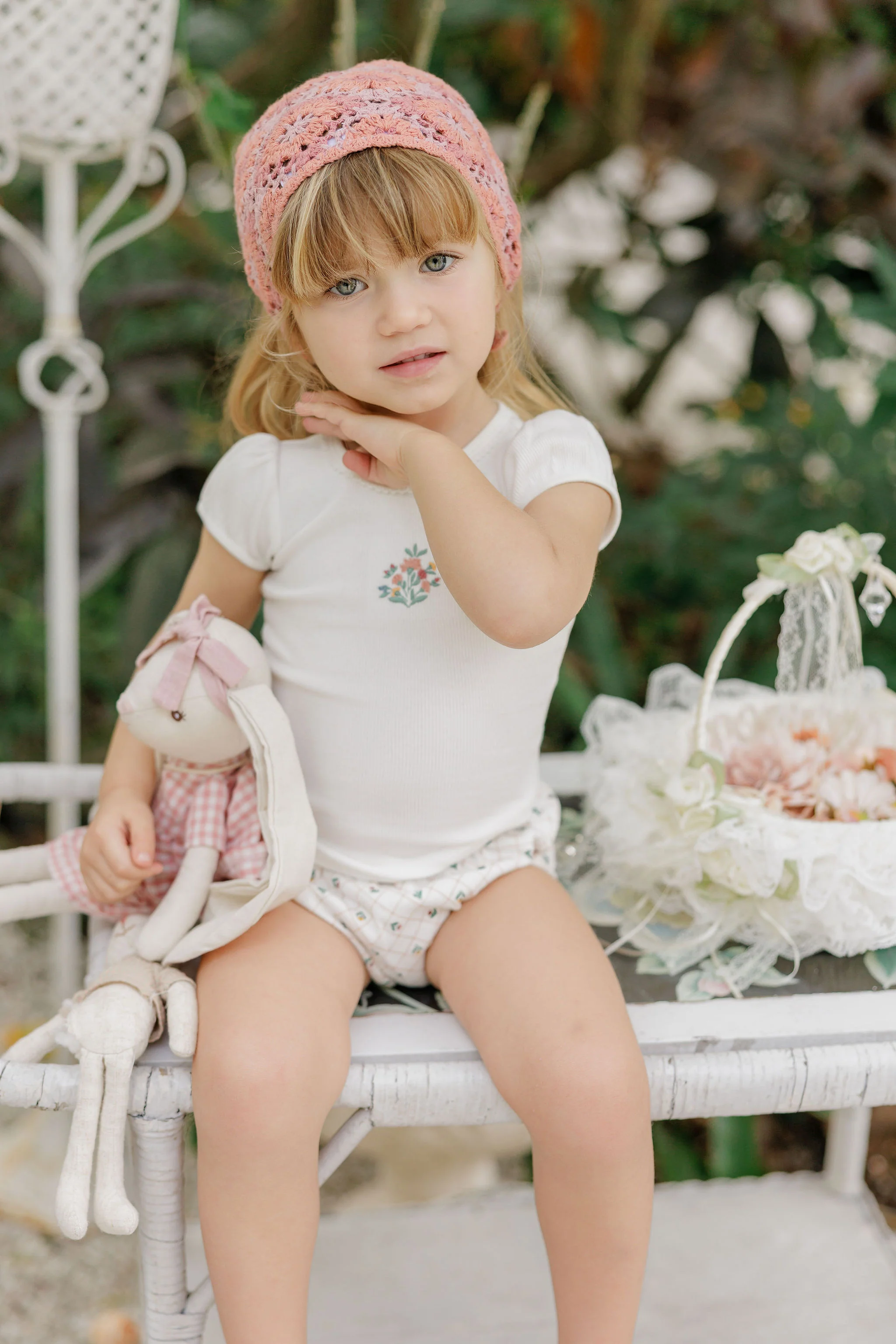 Girls Tshirt and Bloomer Set - Ivory - Embroidered Florals - Image 2