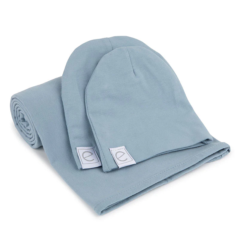 Jersey Knit Dusty Blue Cotton Swaddle and Beanie Gift Set