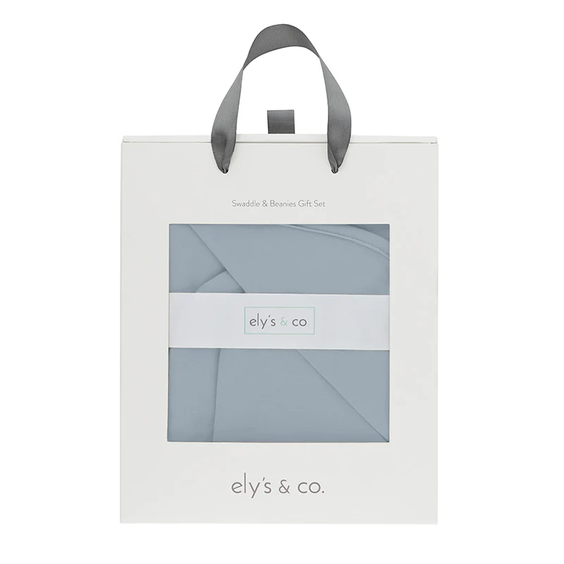 Jersey Knit Dusty Blue Cotton Swaddle and Beanie Gift Set - Image 3