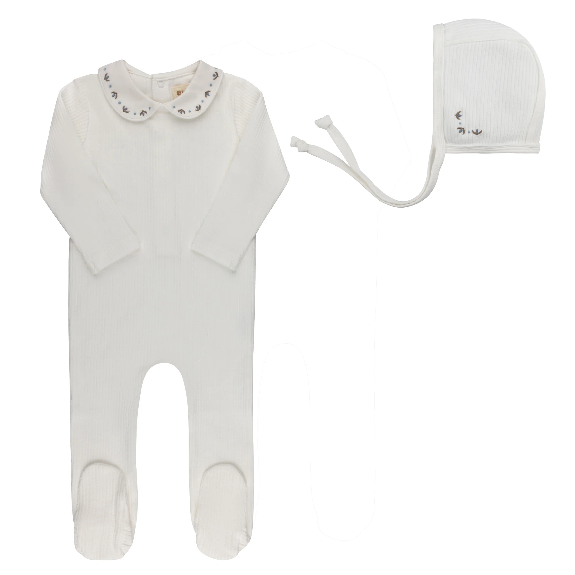 Baby Boy Footie and Bonnet – Ivory/Blue – Keepsake Collection