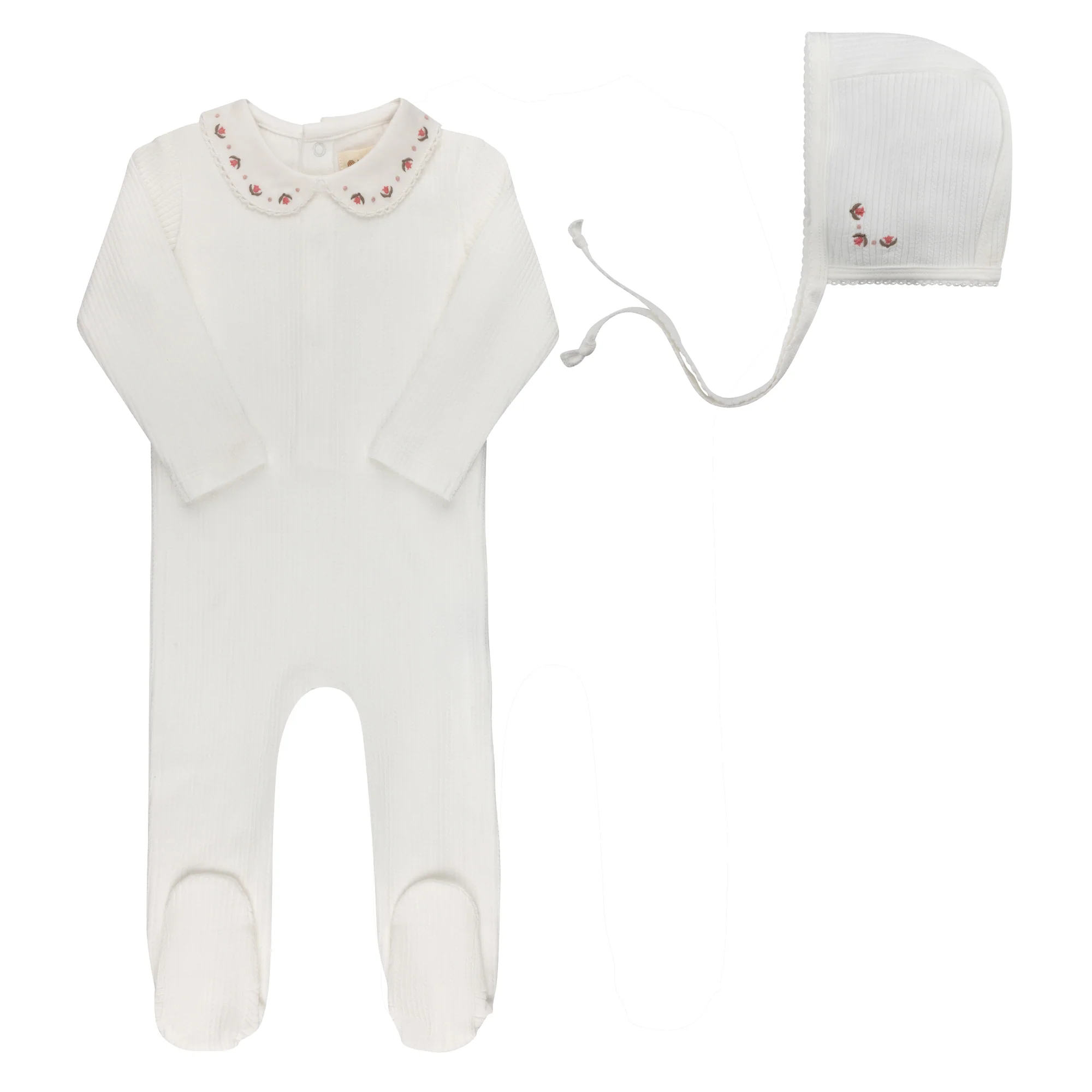 Baby Girl Footie and Bonnet – Ivory/Pink – Keepsake Collection