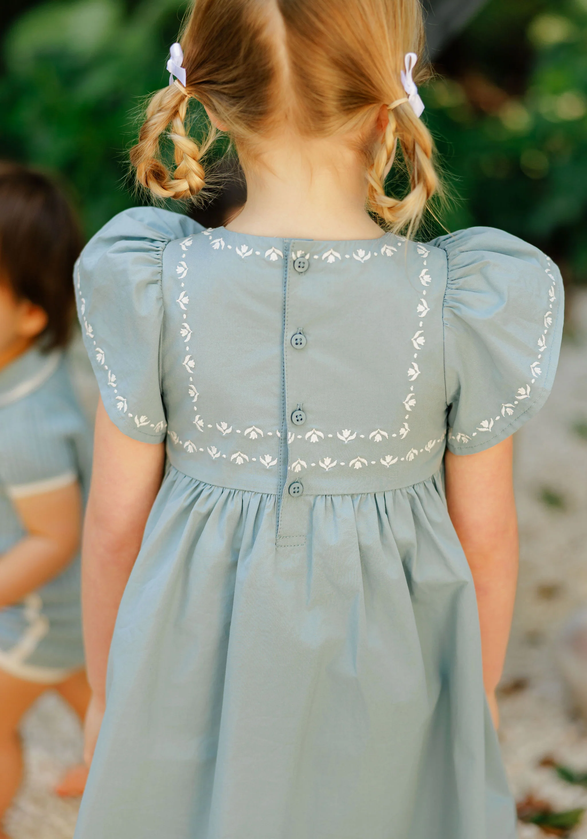 Girls Embroidered Trim Short Sleeve Dress – Blue – Keepsake Collection - Image 5