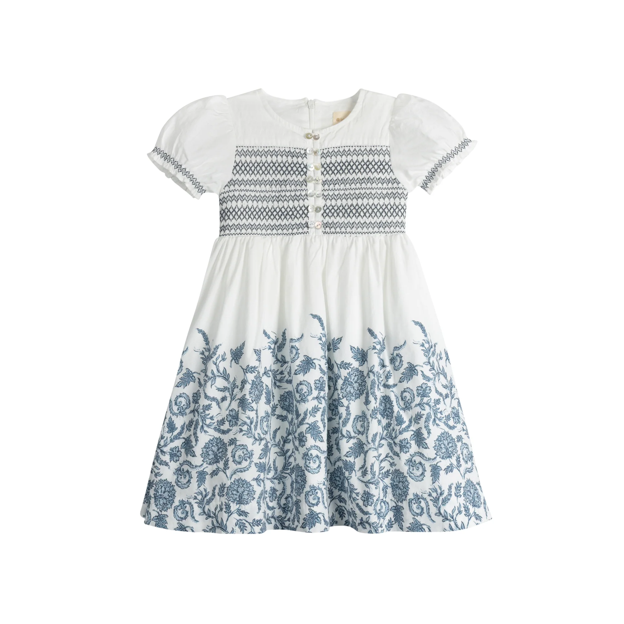 Girls Smocked Short Sleeve Floral Dress – Ivory/Blue – Storybook Collection