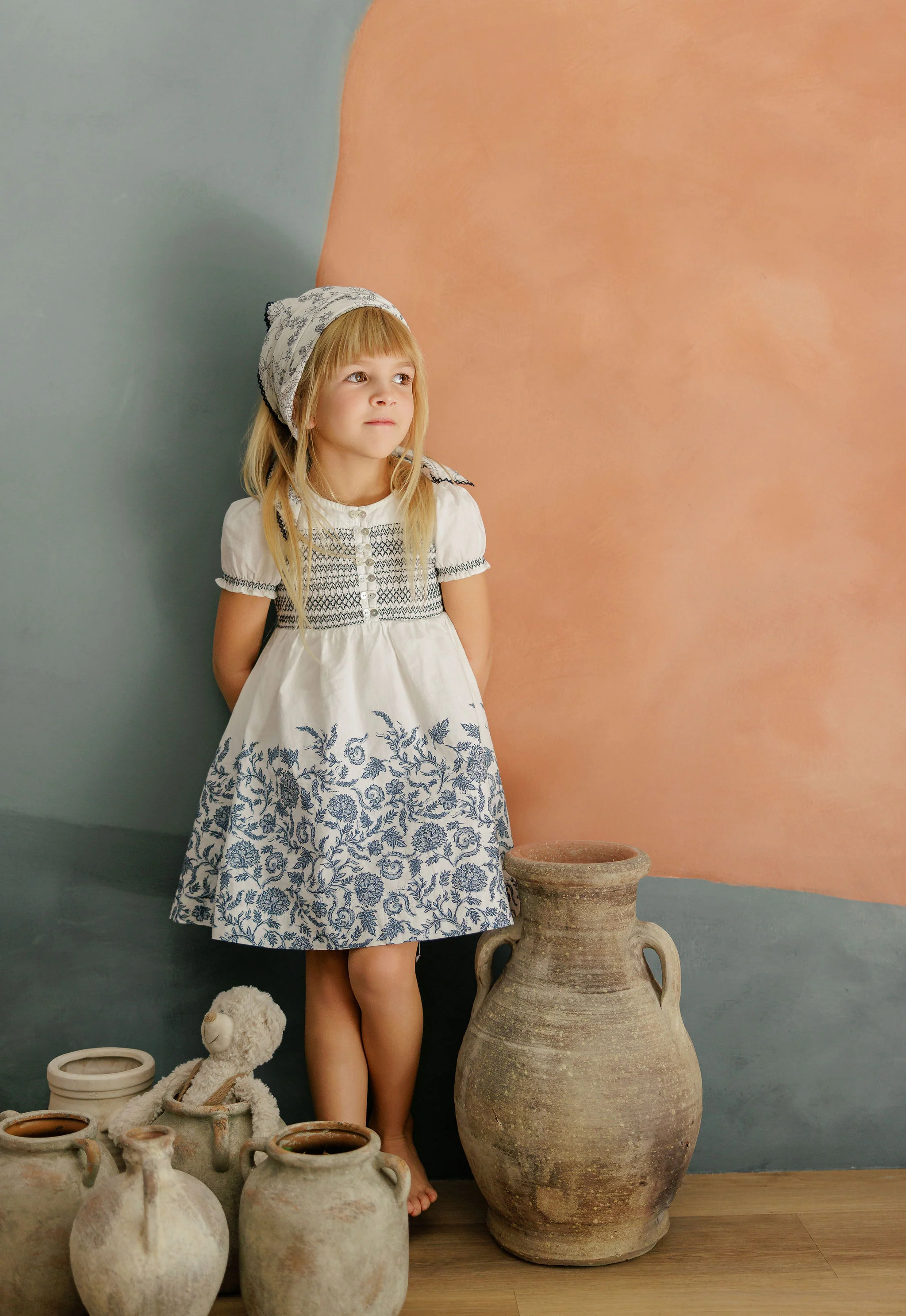 Girls Smocked Short Sleeve Floral Dress – Ivory/Blue – Storybook Collection - Image 2