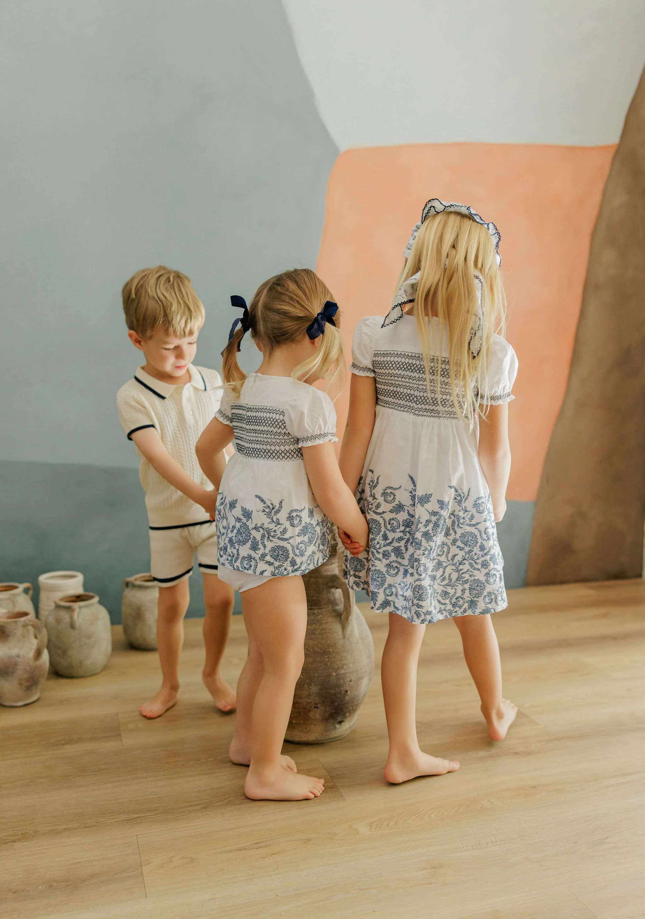 Girls Smocked Short Sleeve Floral Dress – Ivory/Blue – Storybook Collection - Image 5