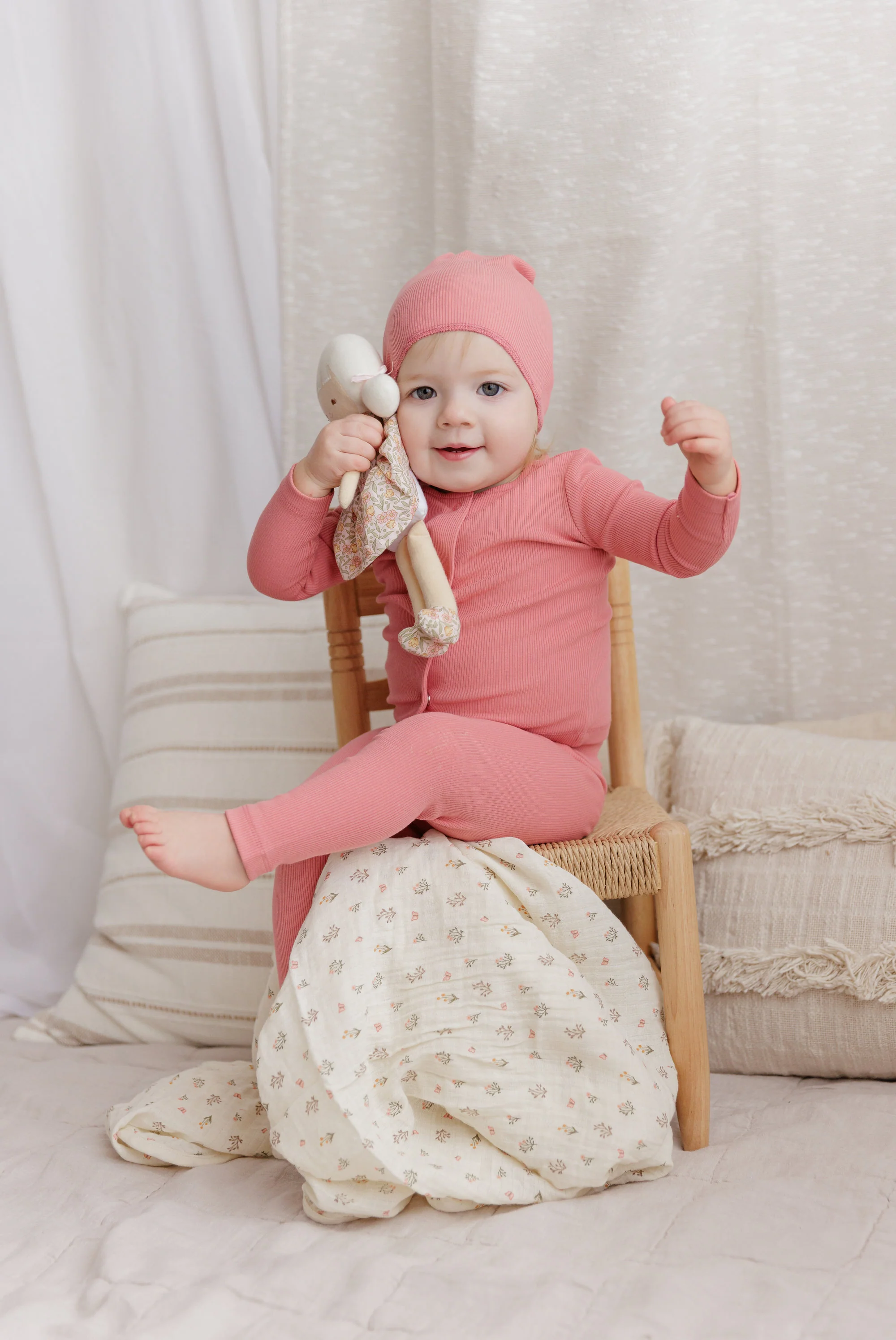 Ribbed Cardigan Set - Two Piece Footed Baby Set + Beanie - Image 6